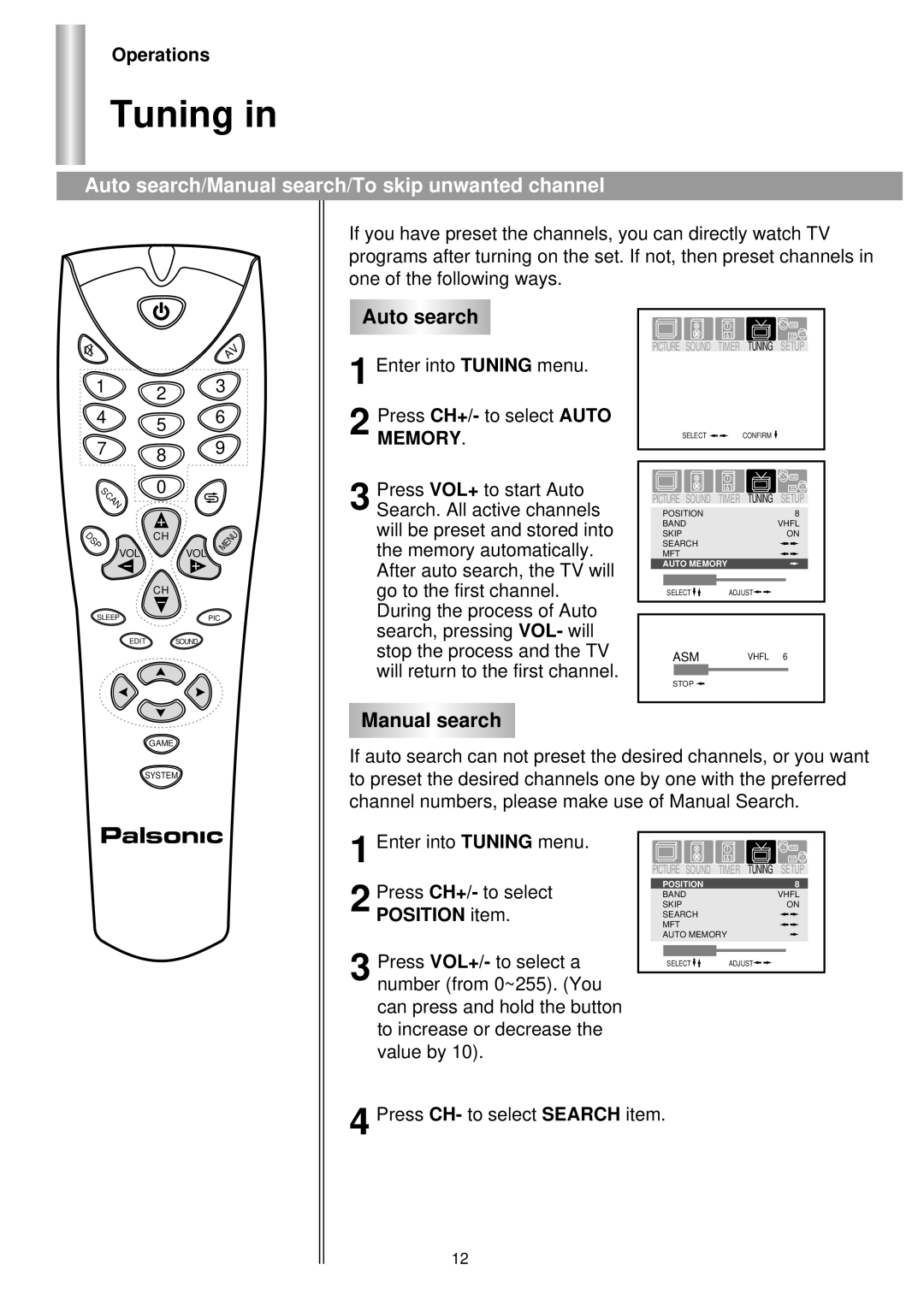 Palsonic 6140GY owner manual Tuning, Auto search/Manual search/To skip unwanted channel 