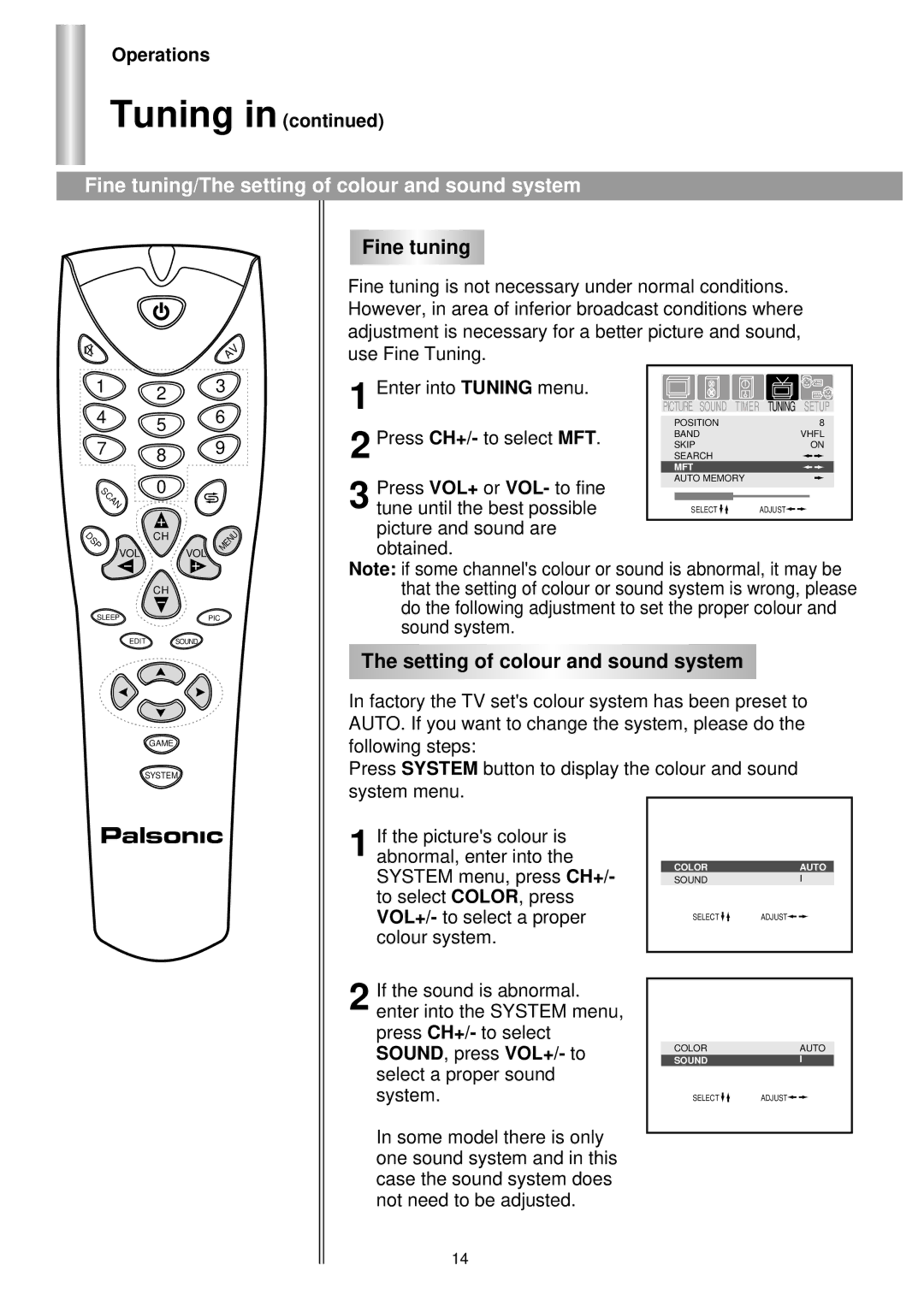 Palsonic 6140GY Fine tuning/The setting of colour and sound system, Setting of colour and sound system, Operations Tuning 