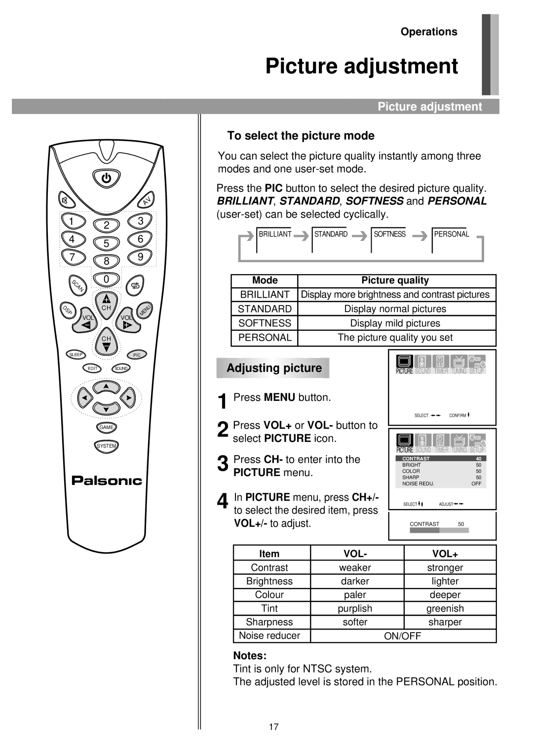 Palsonic 6140GY owner manual Picture adjustment, To select the picture mode, Adjusting picture 