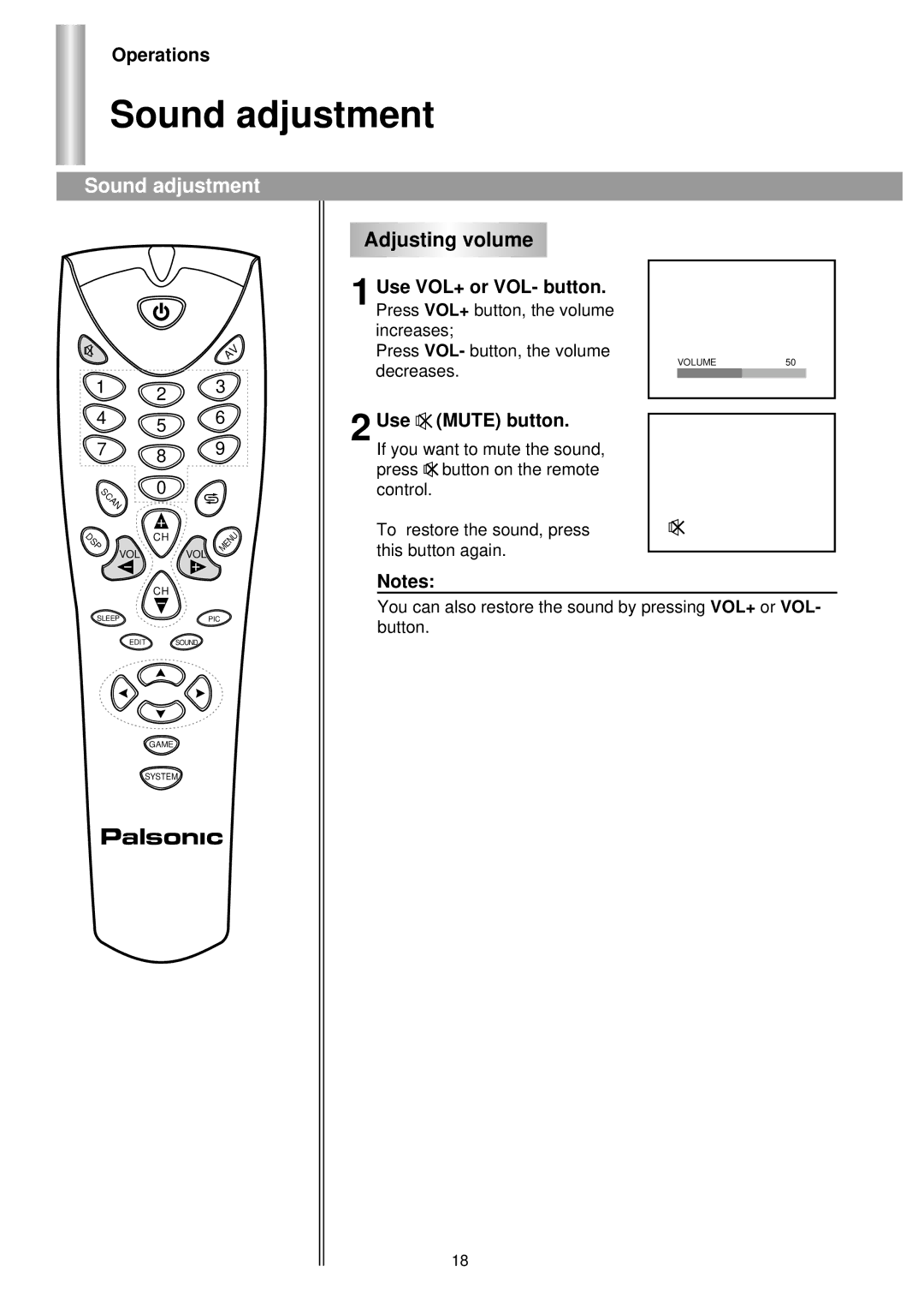 Palsonic 6140GY owner manual Sound adjustment, Adjusting volume, Use Mute button 