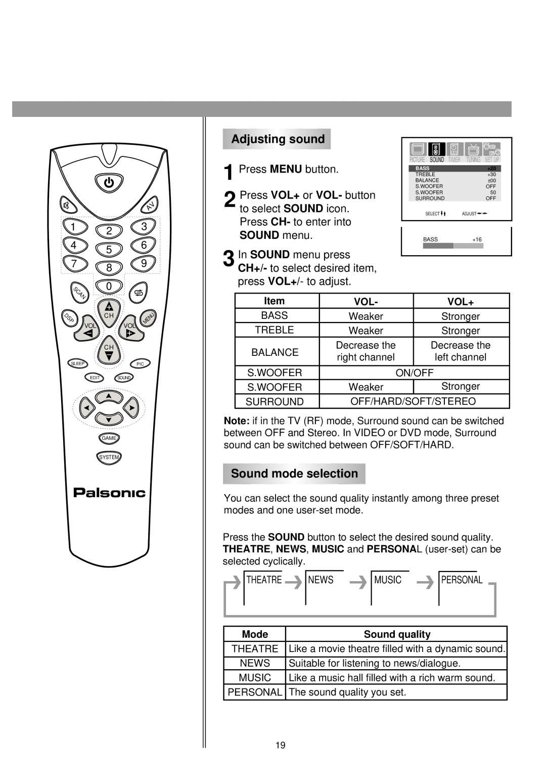 Palsonic 6140GY owner manual Adjusting sound, Sound mode selection 