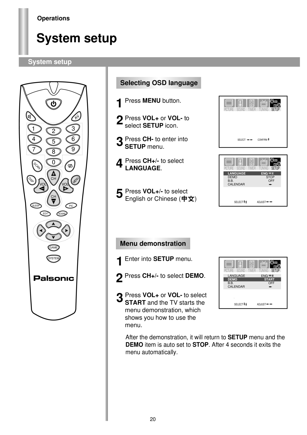 Palsonic 6140GY owner manual System setup, Selecting OSD language, Menu demonstration 