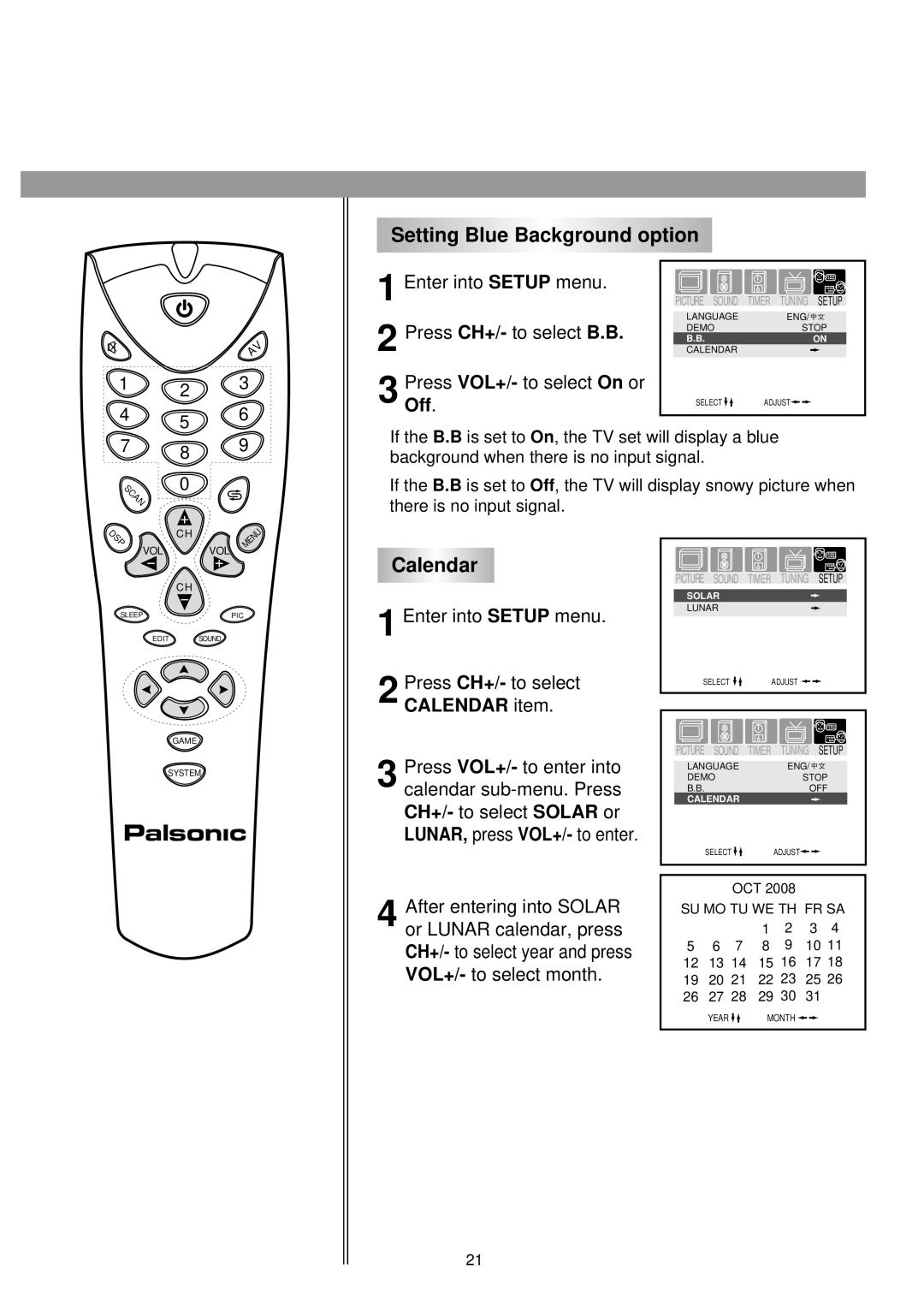 Palsonic 6140GY owner manual Setting Blue Background option, Calendar item 