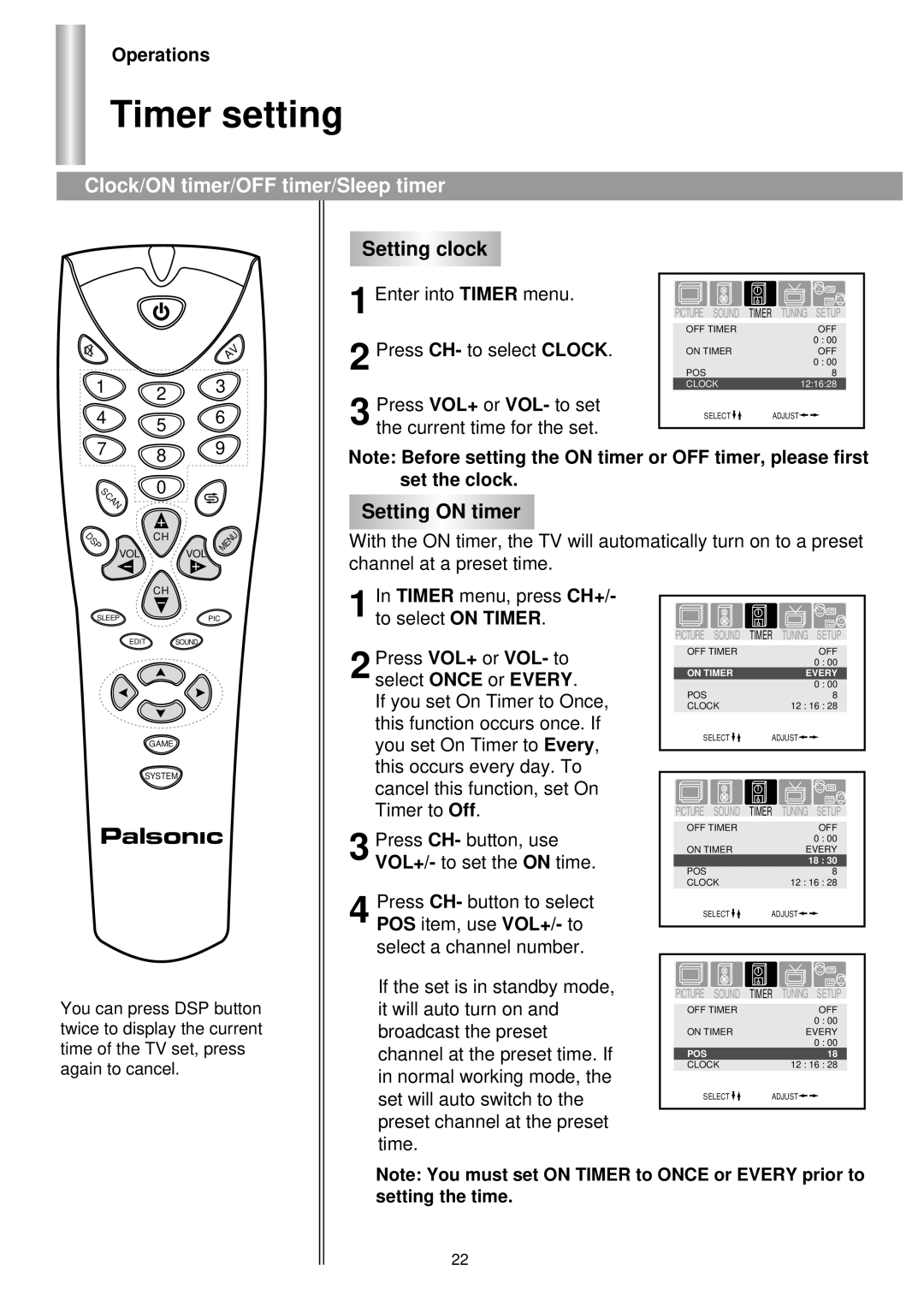 Palsonic 6140GY Timer setting, Clock/ON timer/OFF timer/Sleep timer, Setting clock, Setting on timer, Set the clock 