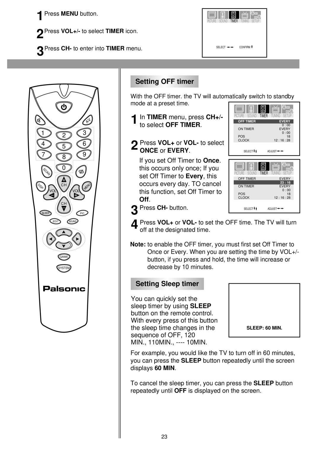 Palsonic 6140GY owner manual Setting OFF timer, Setting Sleep timer, Once or Every, Off 