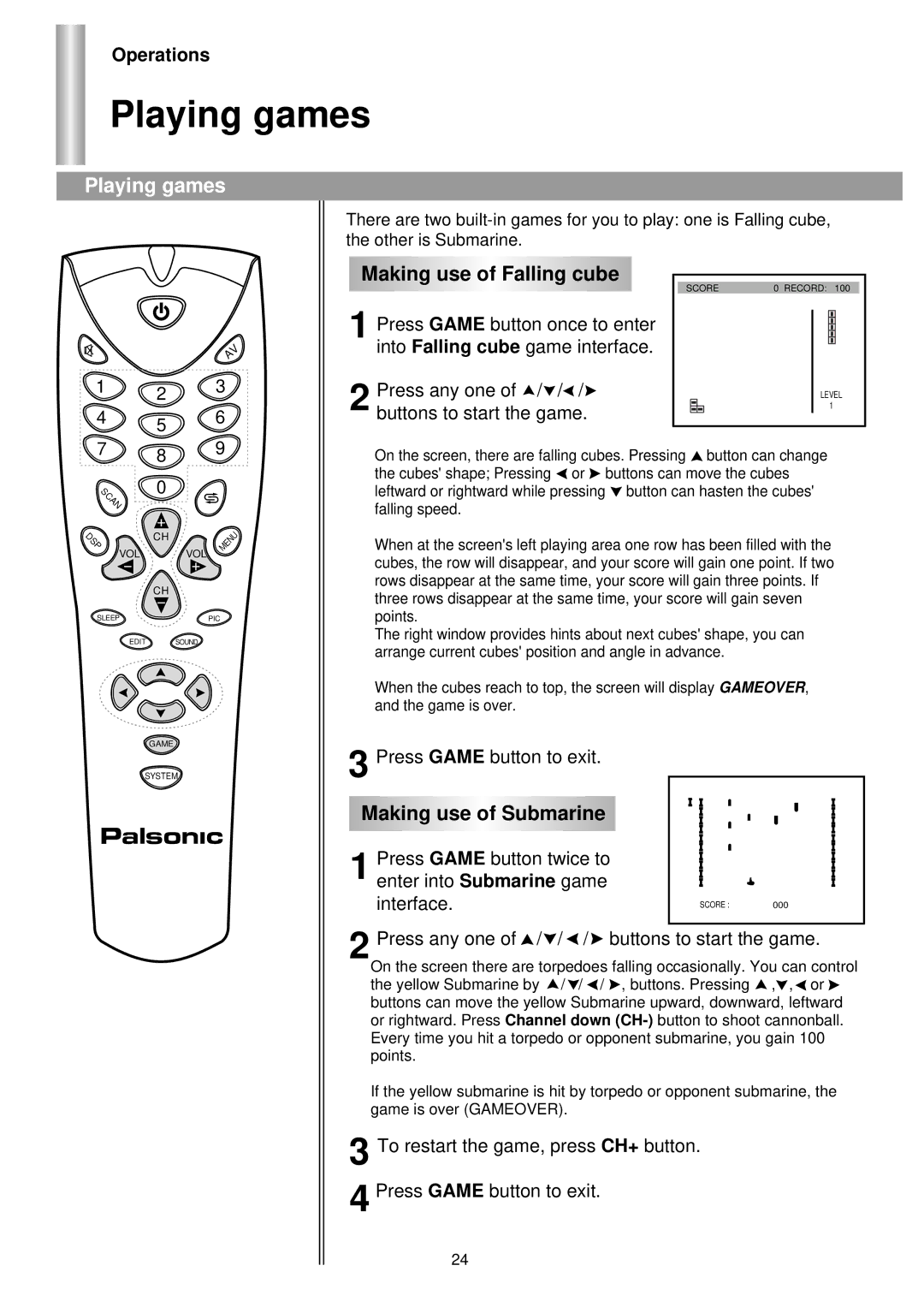 Palsonic 6140GY owner manual Playing games, Making use of Falling cube 