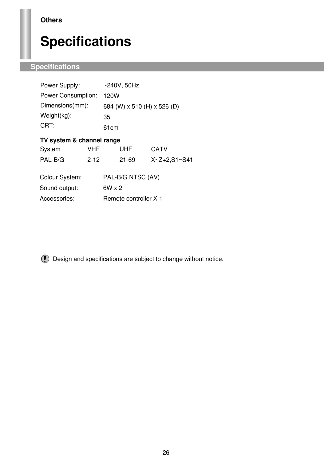 Palsonic 6140GY owner manual Specifications, Others 