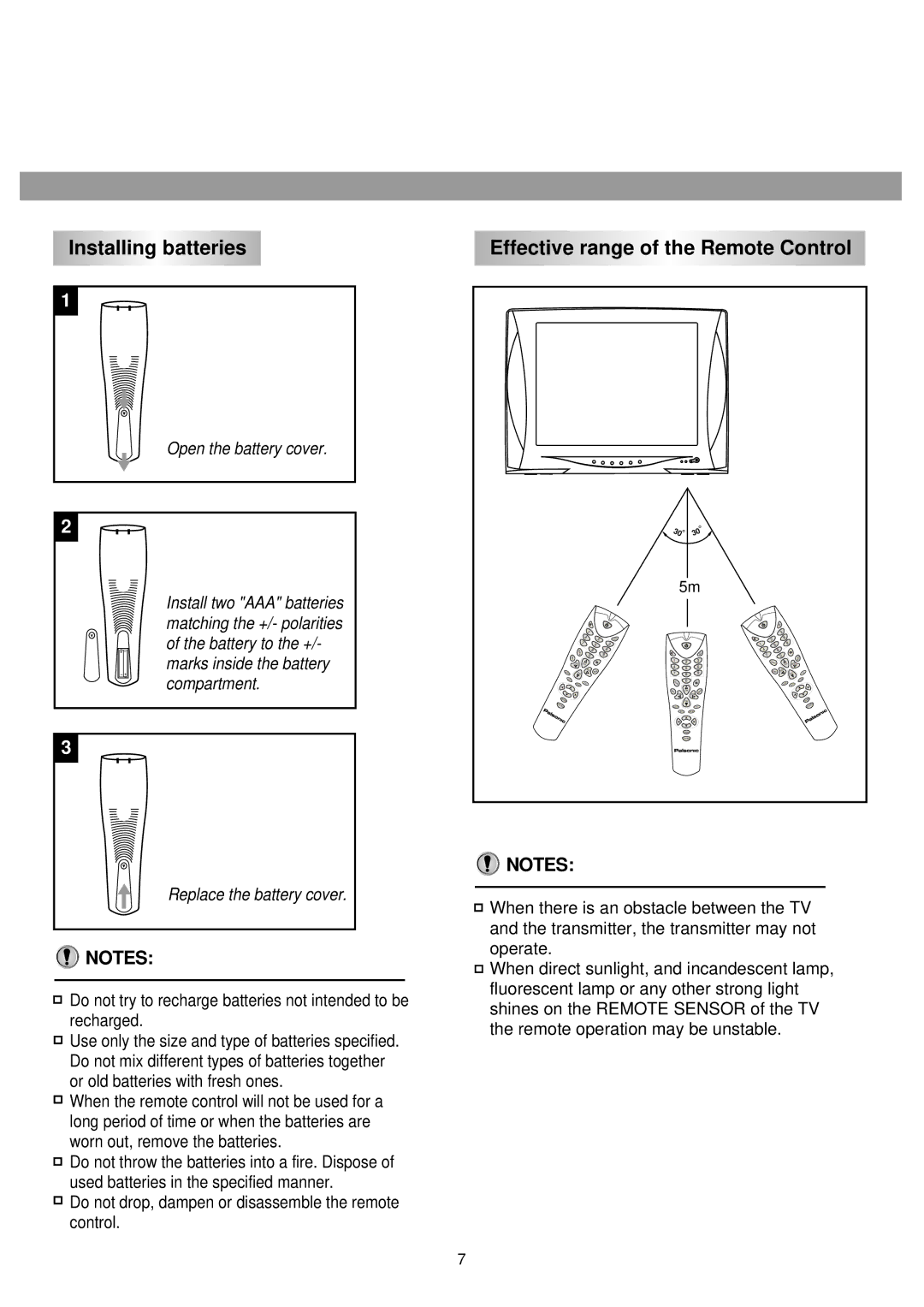 Palsonic 6140GY owner manual Installing batteries, Effective range of the Remote Control 