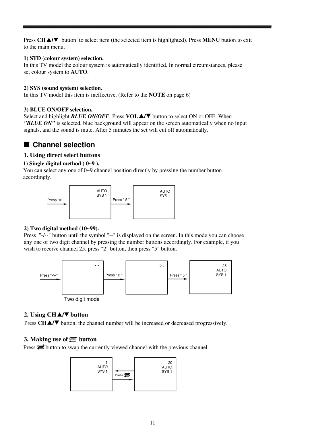 Palsonic 6158 owner manual Channel selection, Using direct select buttons, Using CH button, Making use of button 