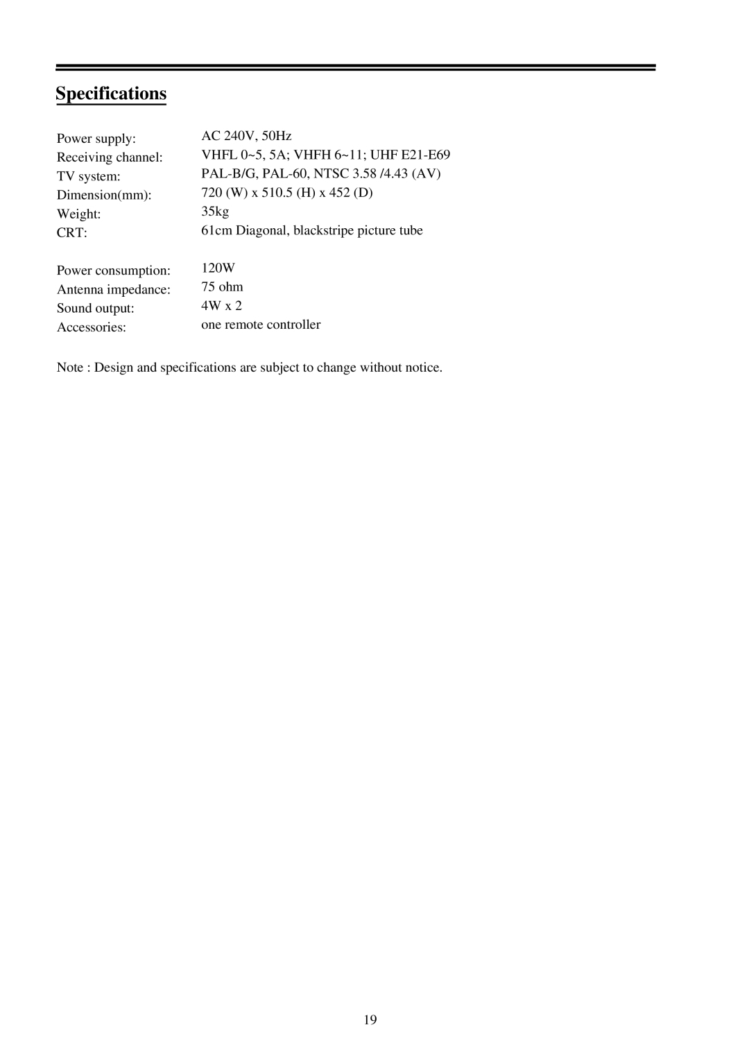 Palsonic 6158 owner manual Specifications 