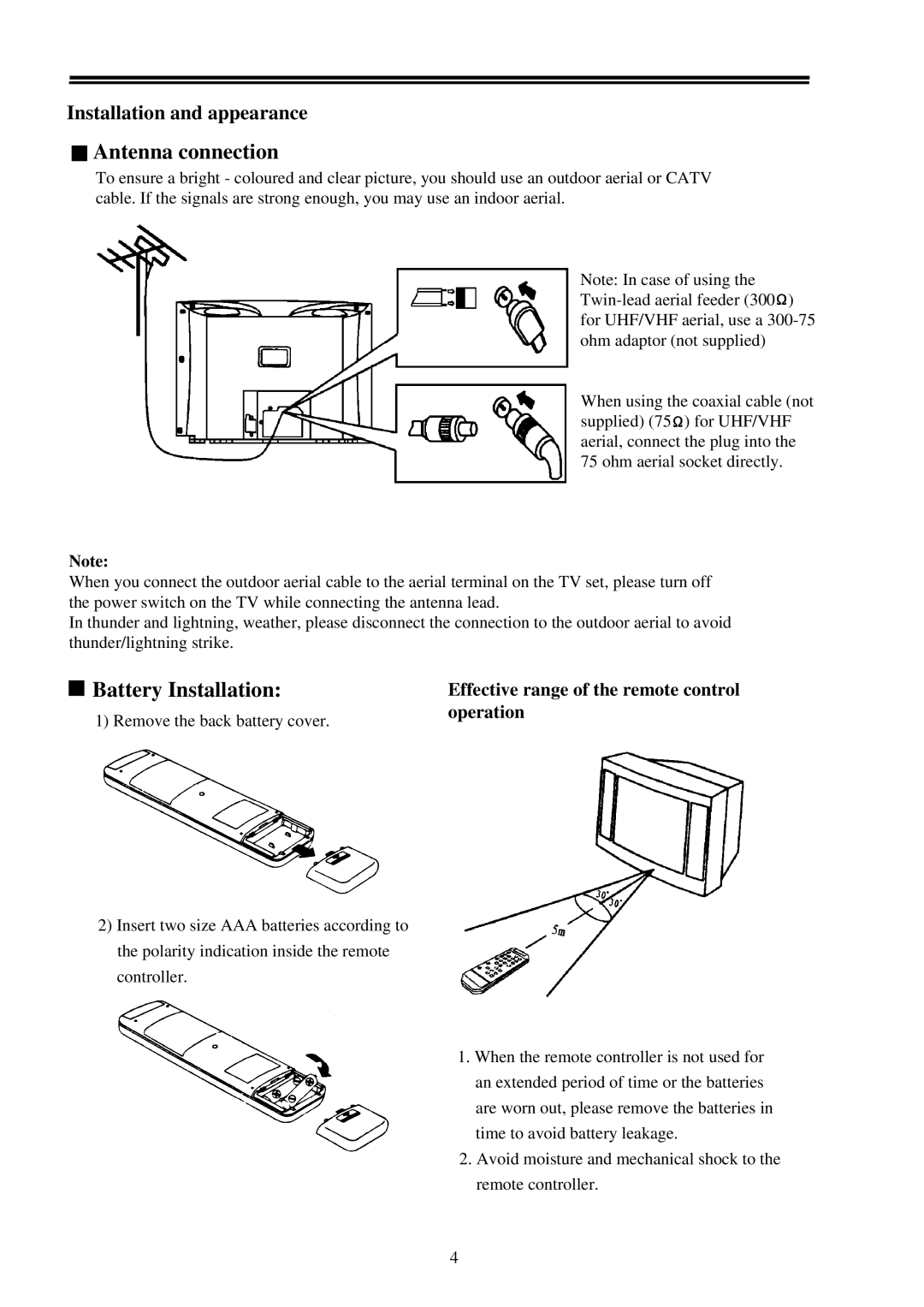 Palsonic 6158 owner manual Antenna connection, Battery Installation, Effective range of the remote control, Operation 