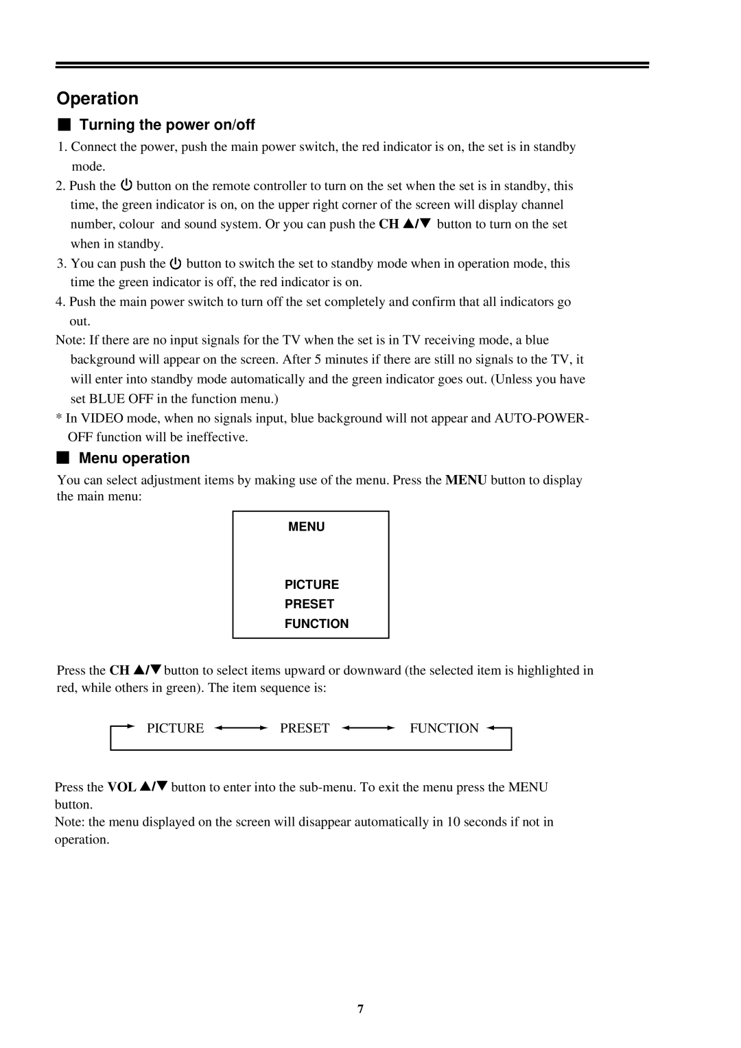 Palsonic 6158 owner manual Operation, Turning the power on/off 