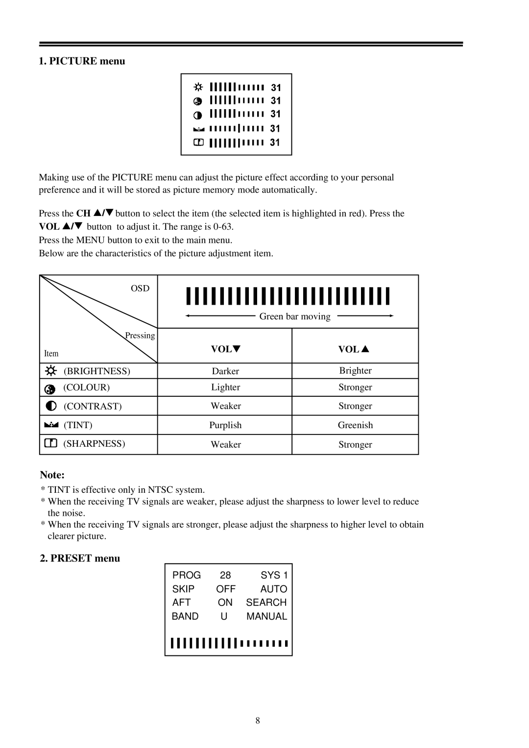 Palsonic 6158 owner manual Picture menu, Preset menu 