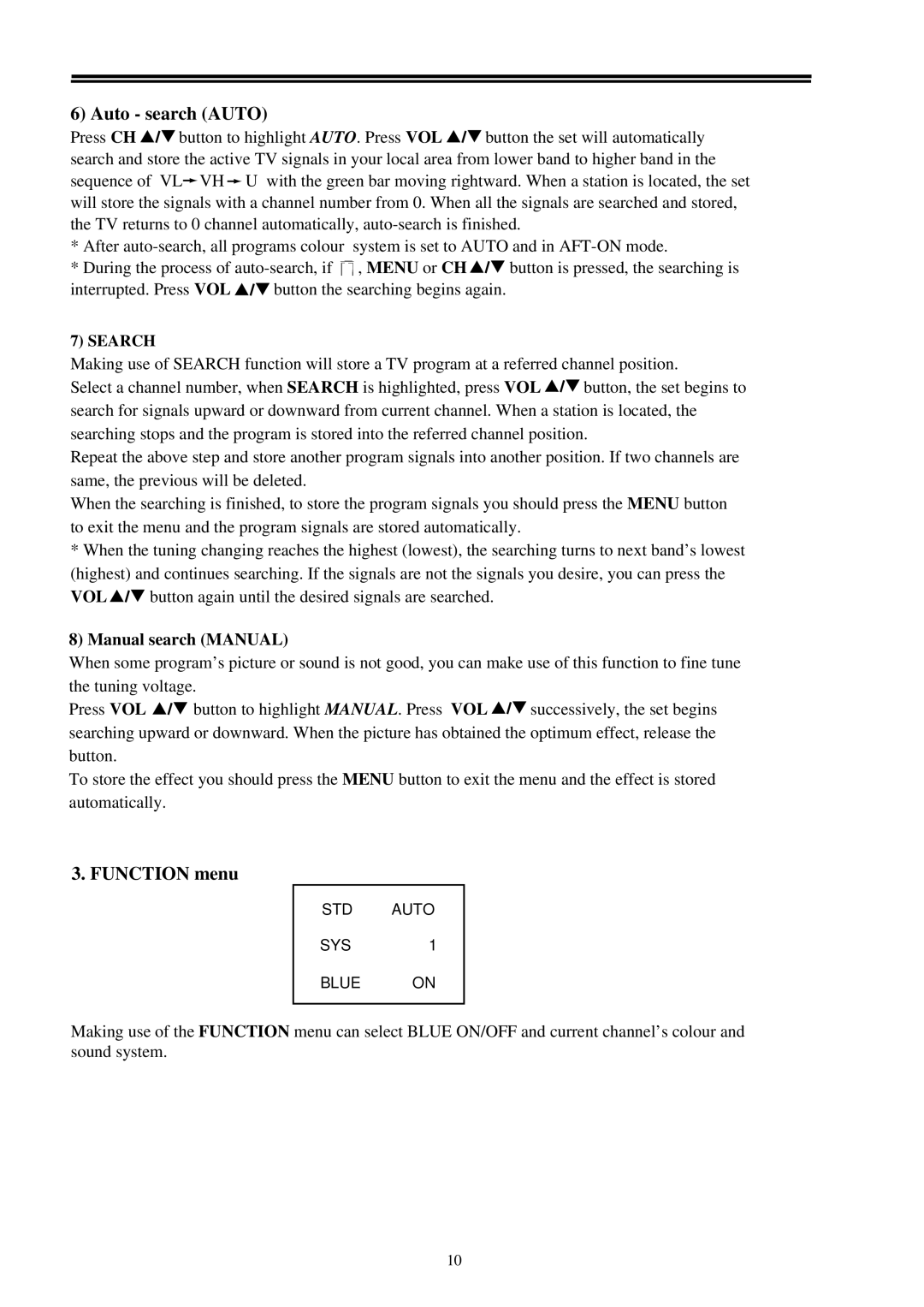 Palsonic 6159 owner manual Auto search Auto, Function menu, Manual search Manual 