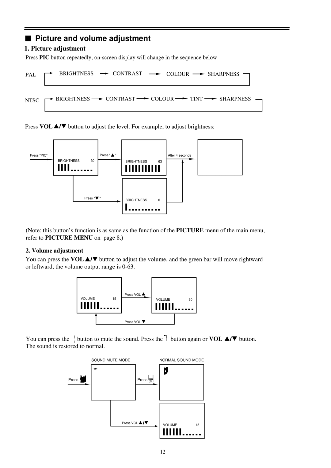 Palsonic 6159 owner manual Picture and volume adjustment, Picture adjustment, Volume adjustment 