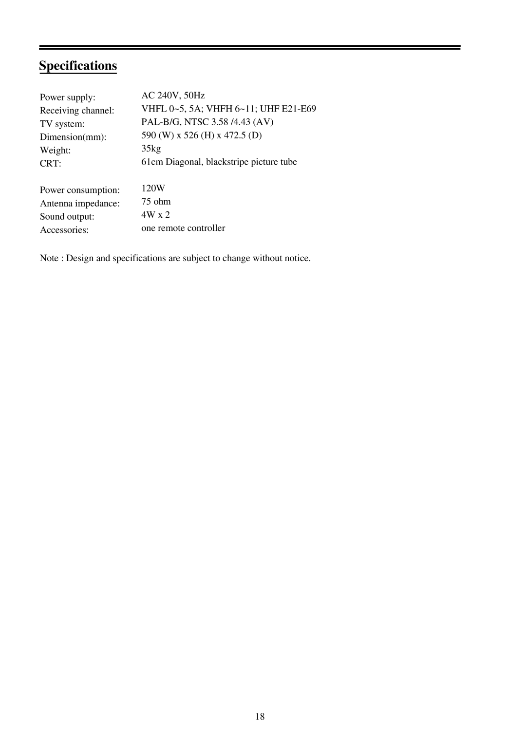 Palsonic 6159 owner manual Specifications 