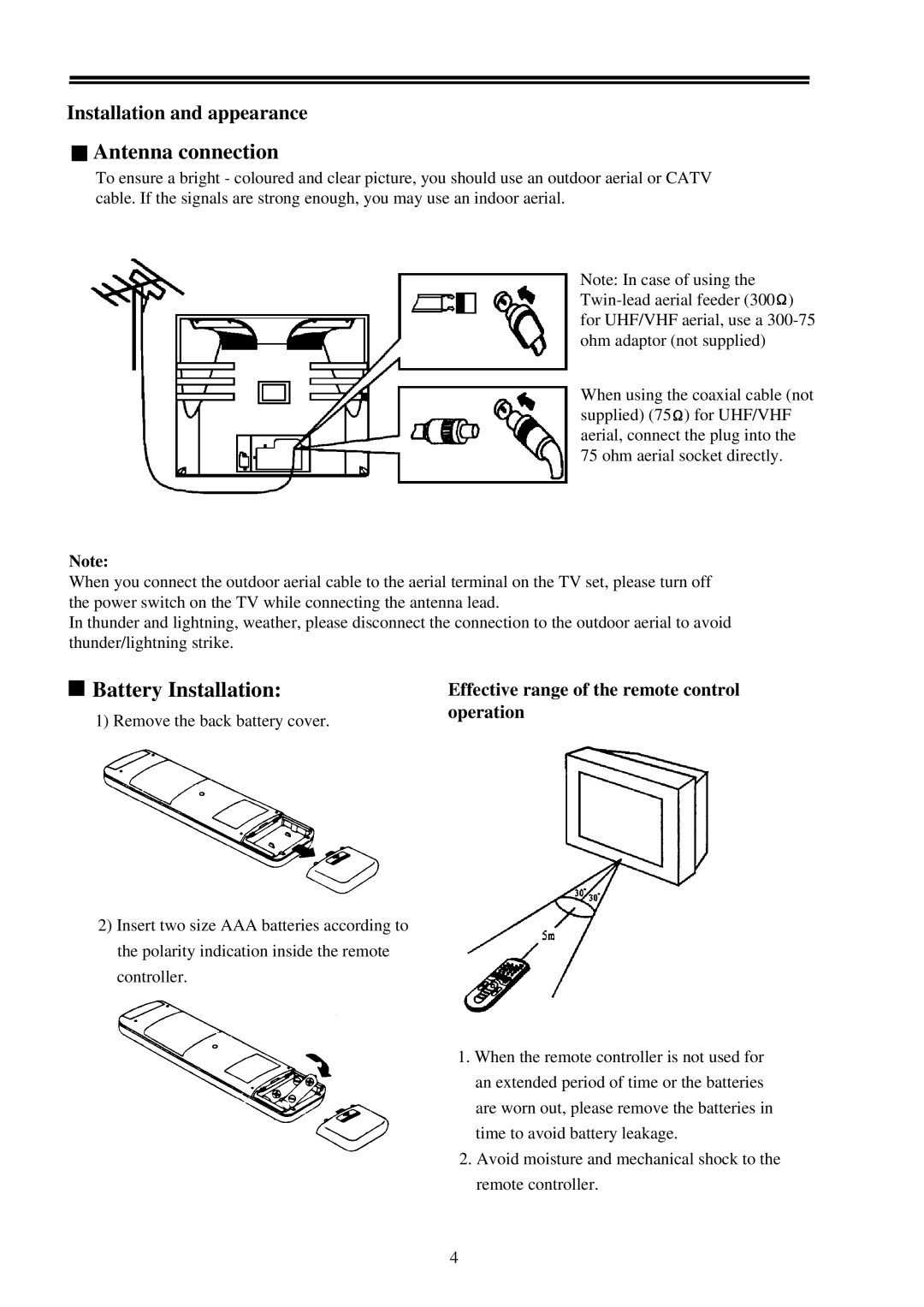 Palsonic 6159 owner manual Effective range of the remote control, Operation, Remove the back battery cover 