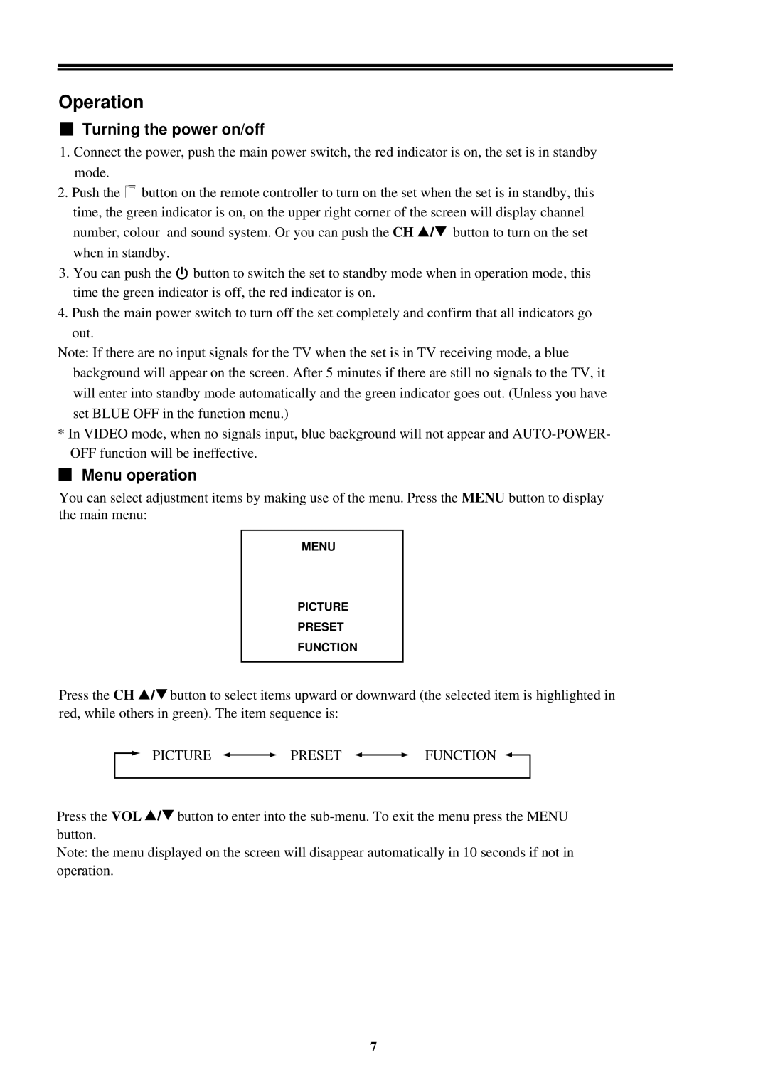 Palsonic 6159 owner manual Operation, Turning the power on/off 