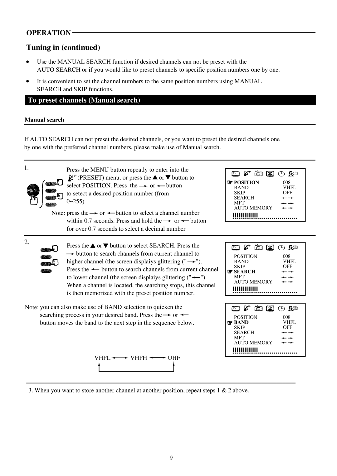 Palsonic 6159G owner manual To preset channels Manual search 