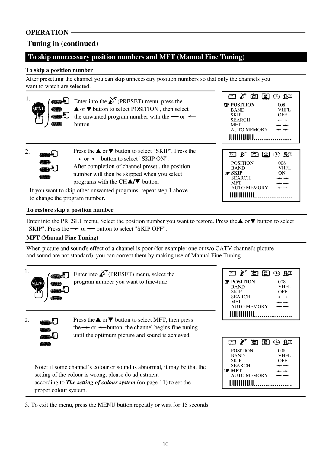 Palsonic 6159G owner manual To skip a position number, To restore skip a position number, MFT Manual Fine Tuning 