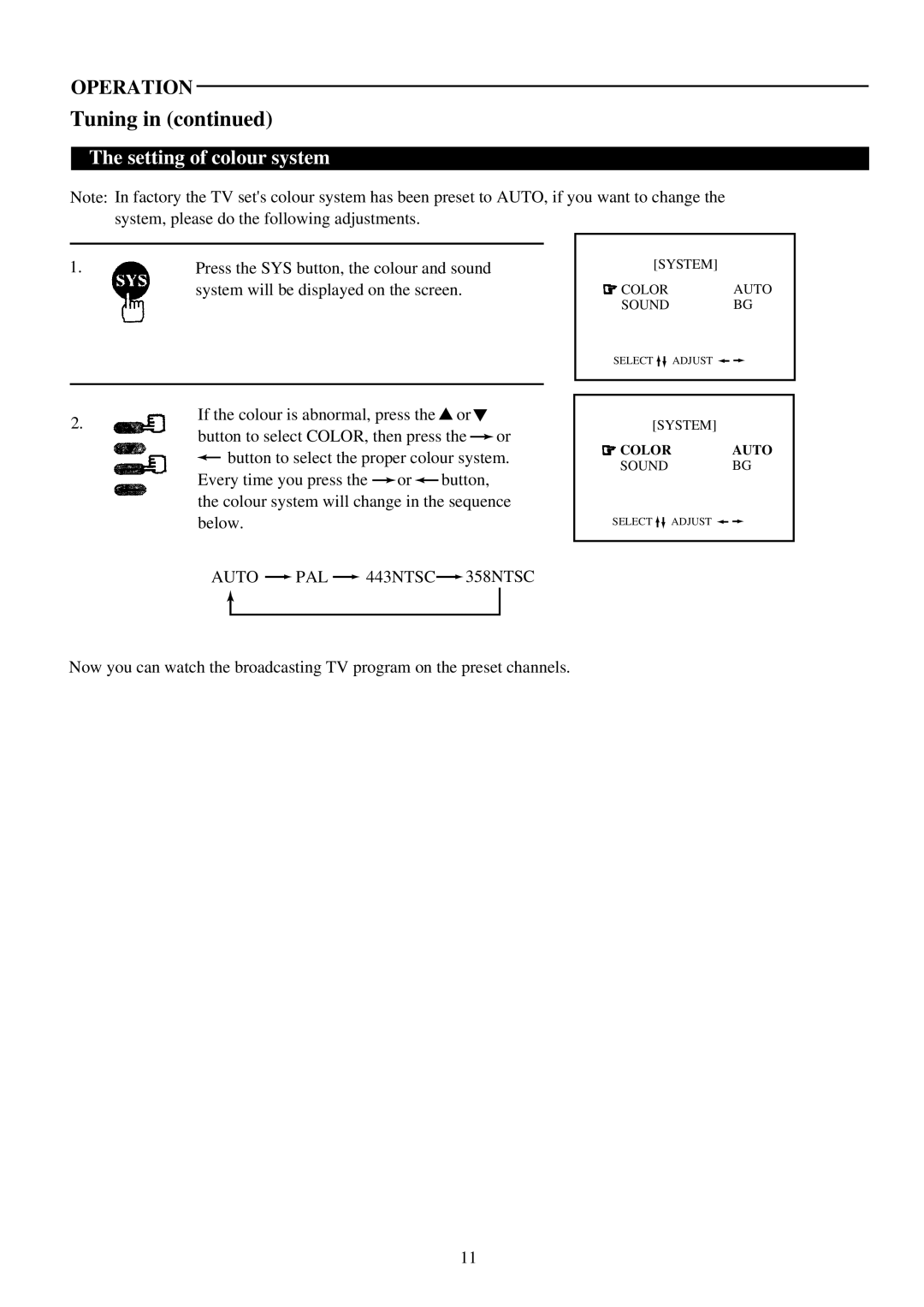 Palsonic 6159G owner manual Setting of colour system 