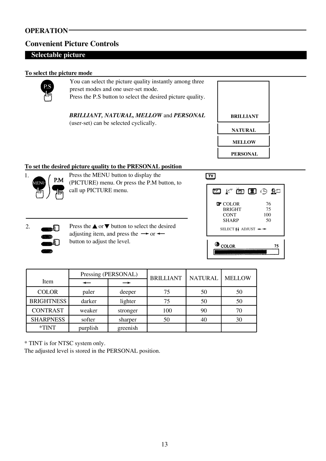 Palsonic 6159G owner manual Convenient Picture Controls, Selectable picture, To select the picture mode 