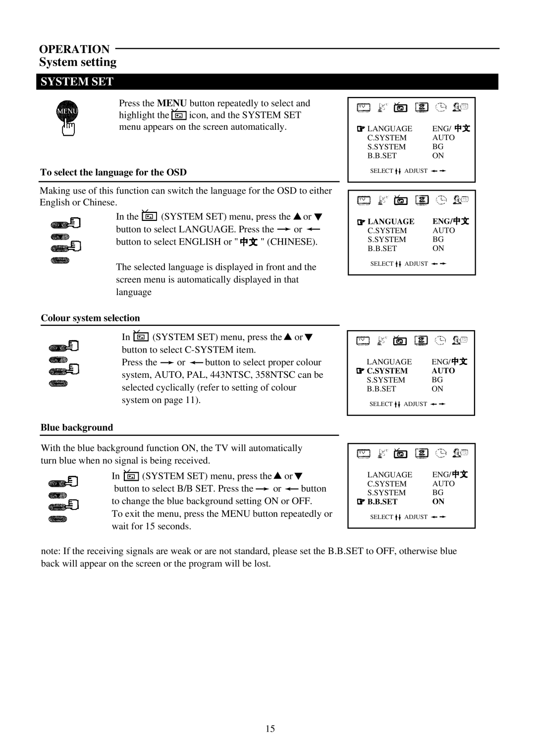 Palsonic 6159G owner manual System setting, To select the language for the OSD, Colour system selection, Blue background 