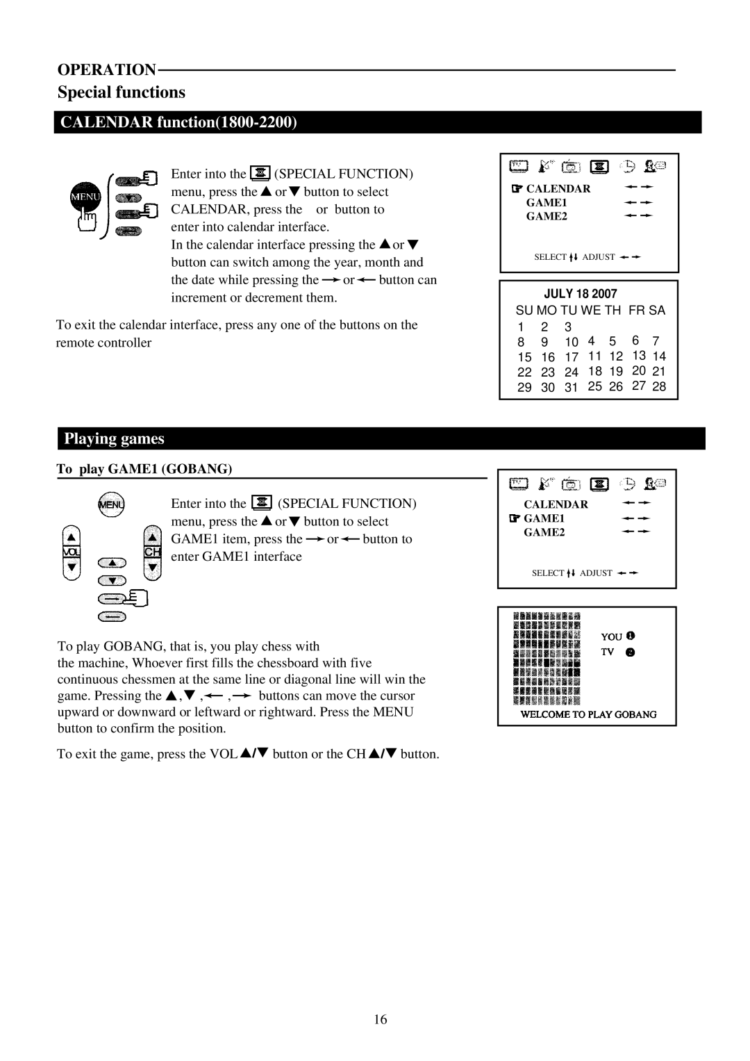 Palsonic 6159G owner manual Special functions, Calendar function1800-2200, Playing games, To play GAME1 Gobang 