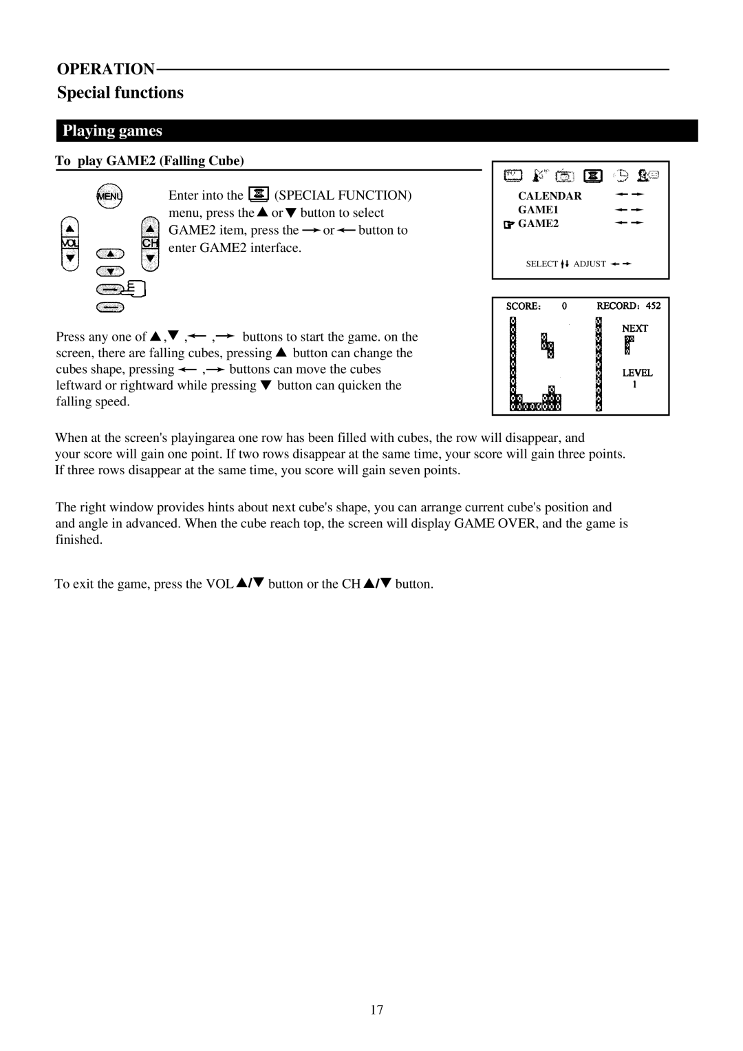 Palsonic 6159G owner manual To play GAME2 Falling Cube 