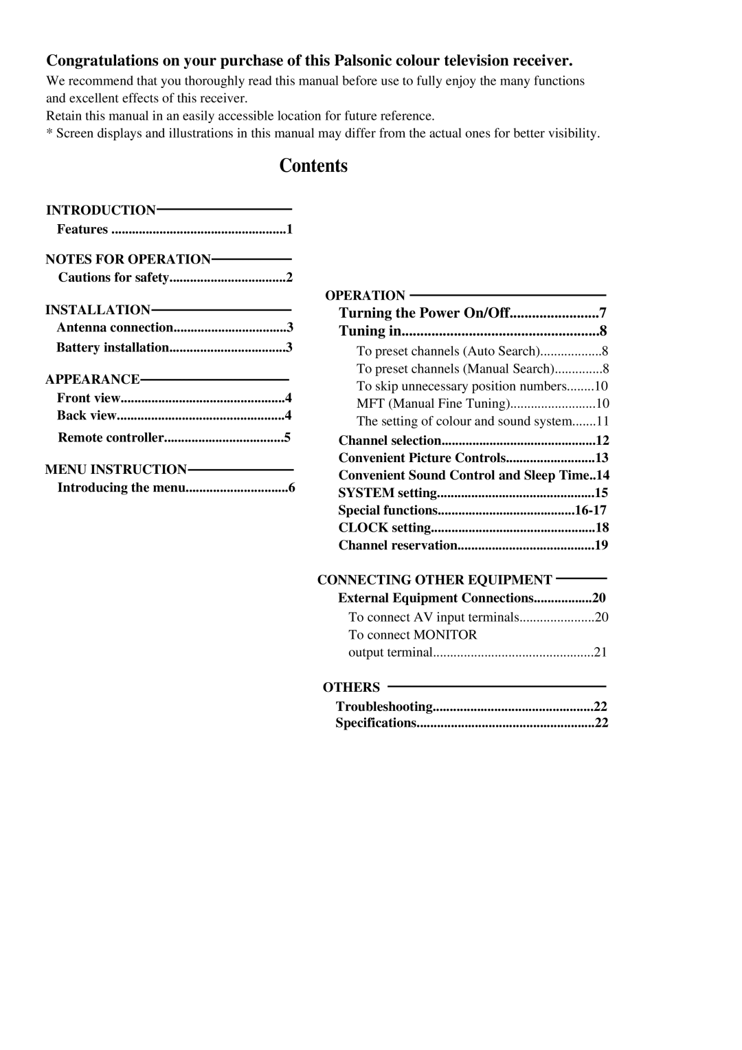 Palsonic 6159G owner manual Contents 