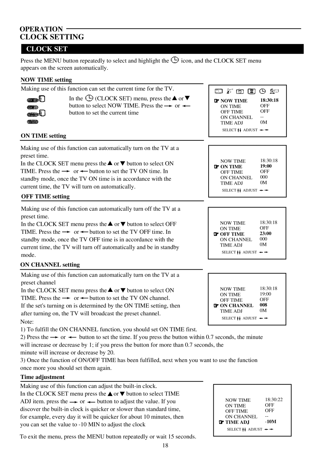 Palsonic 6159G owner manual NOW Time setting, On Time setting, OFF Time setting, On Channel setting, Time adjustment 