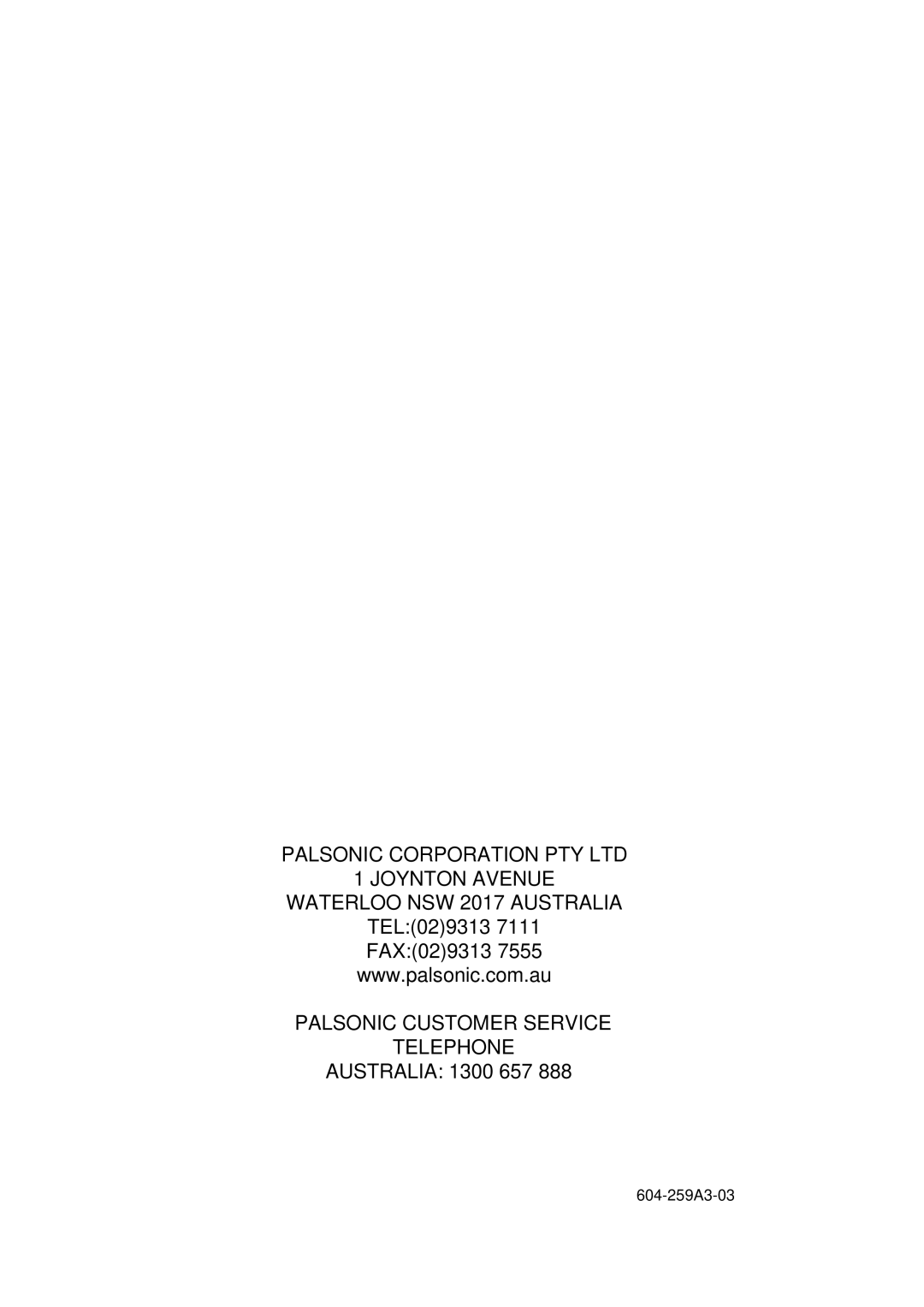 Palsonic 6159G owner manual Australia 1300 657 