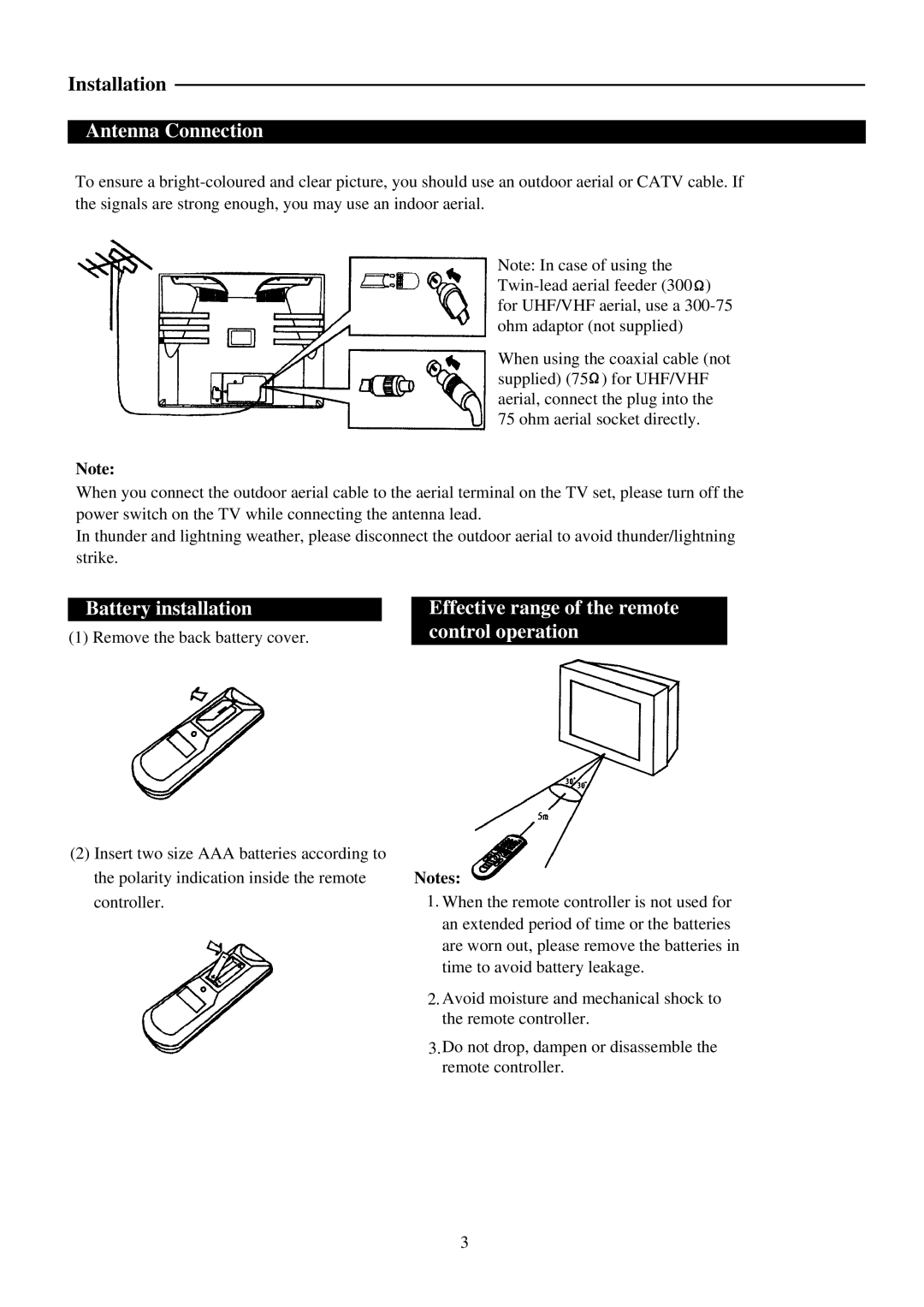 Palsonic 6159G owner manual Antenna Connection, Battery installation, Effective range of the remote control operation 