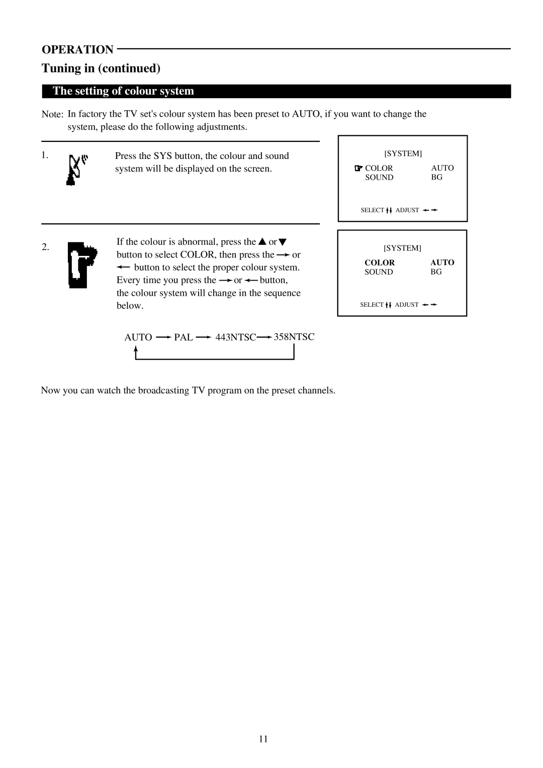 Palsonic 6160G owner manual Setting of colour system 