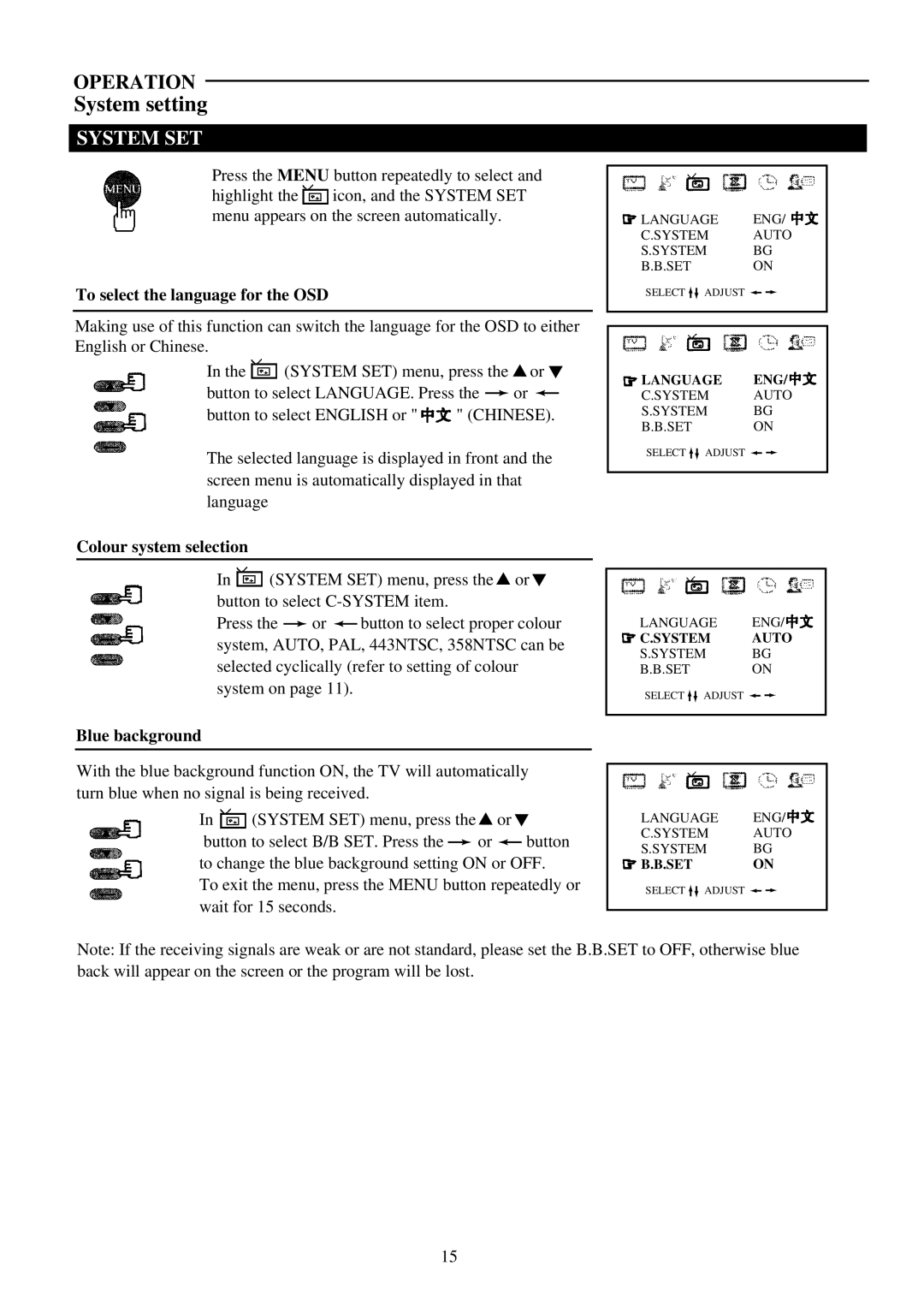 Palsonic 6160G owner manual System setting, To select the language for the OSD, Colour system selection, Blue background 