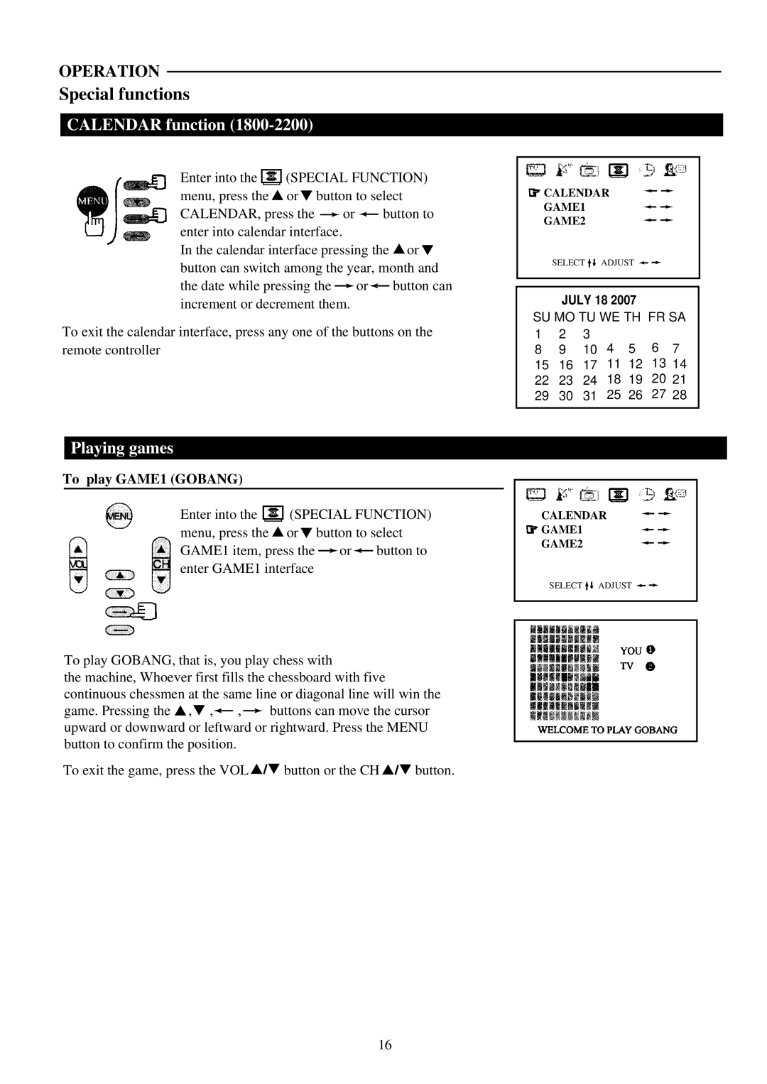 Palsonic 6160G owner manual Special functions, Calendar function, Playing games, To play GAME1 Gobang 