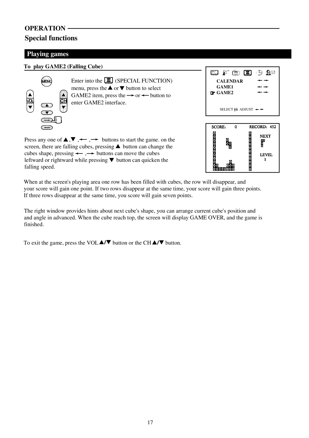 Palsonic 6160G owner manual To play GAME2 Falling Cube 