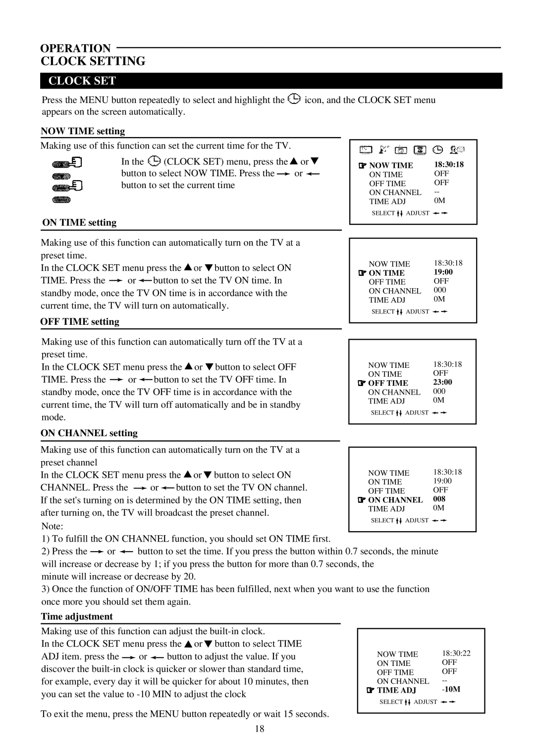 Palsonic 6160G owner manual NOW Time setting, On Time setting, OFF Time setting, On Channel setting, Time adjustment 