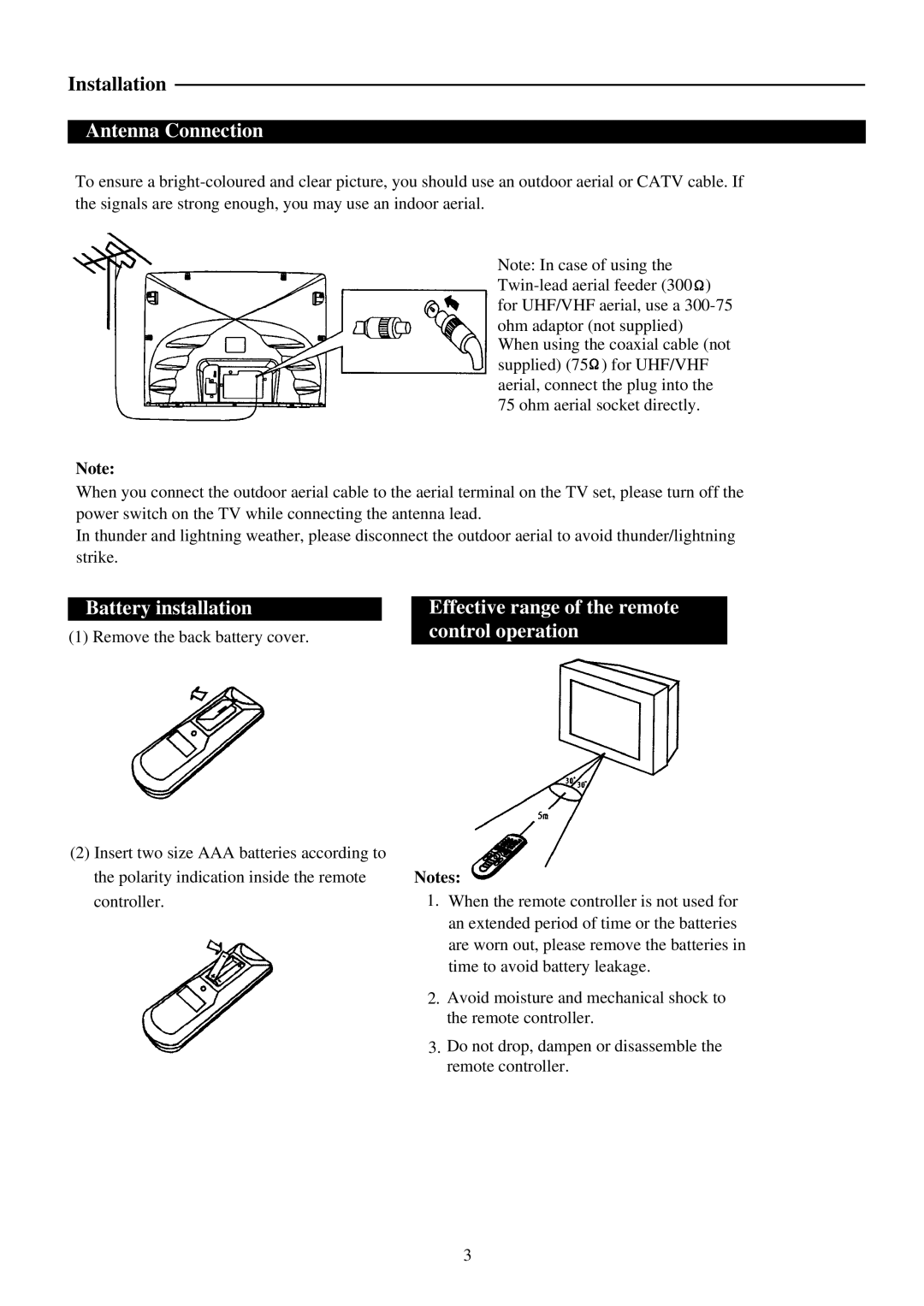 Palsonic 6160G owner manual Antenna Connection, Battery installation, Effective range of the remote control operation 