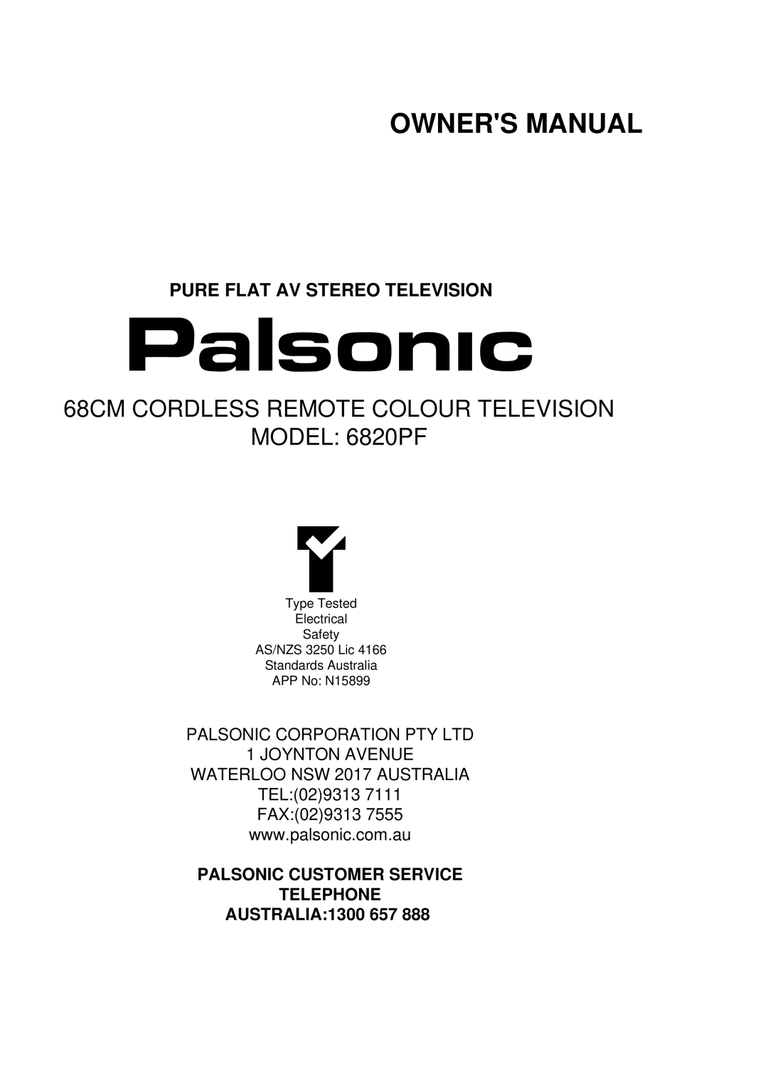 Palsonic owner manual 68CM Cordless Remote Colour Television Model 6820PF 