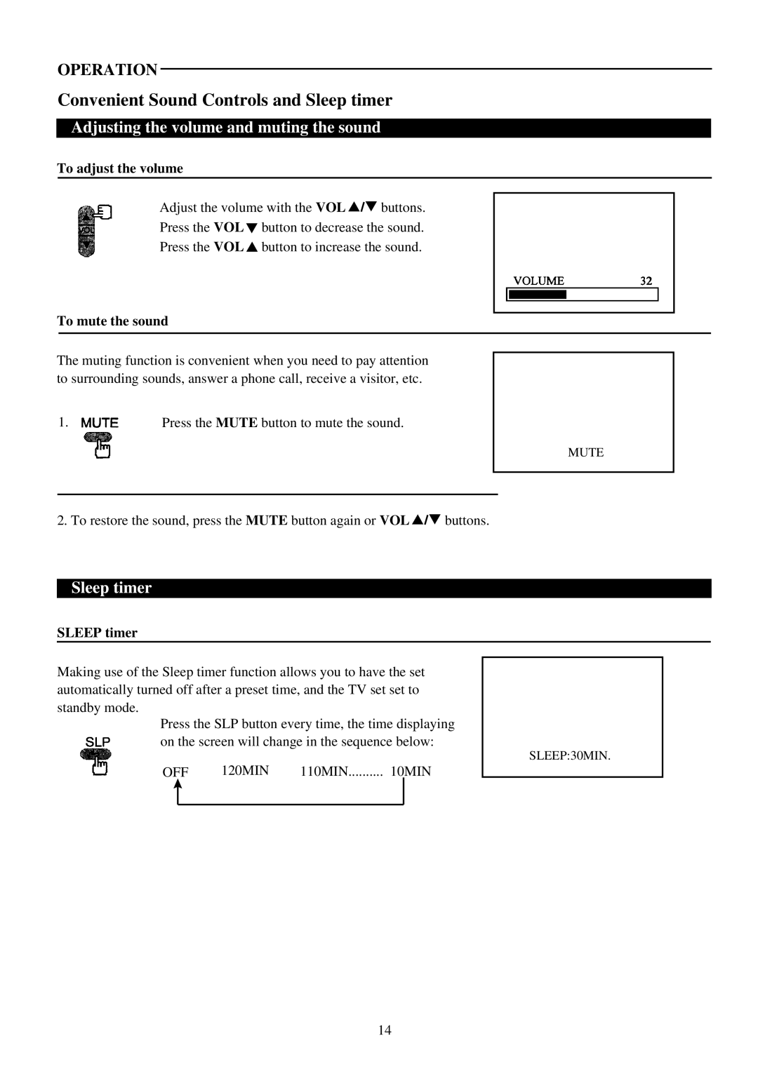 Palsonic 6820PF owner manual Convenient Sound Controls and Sleep timer, Adjusting the volume and muting the sound 