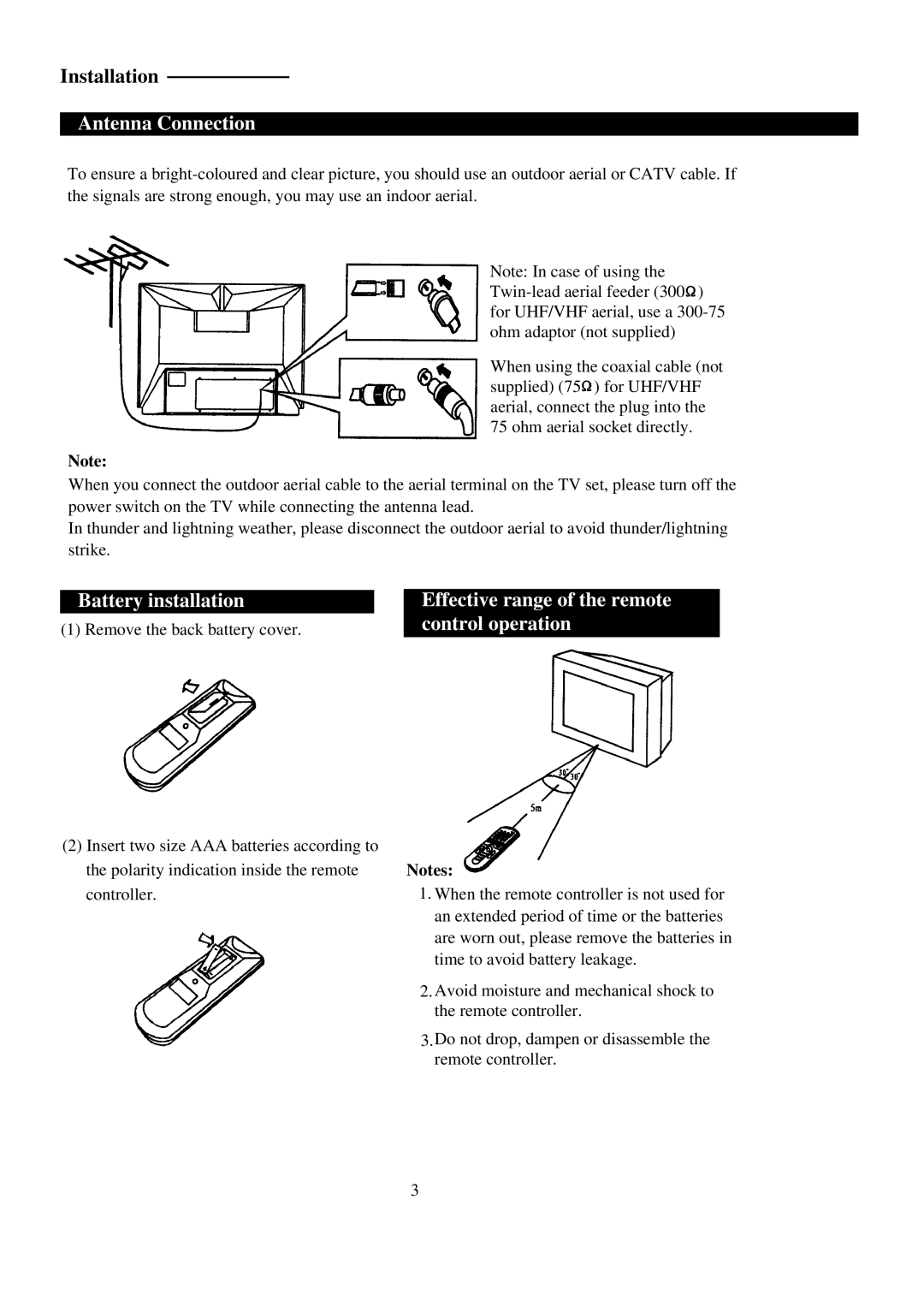 Palsonic 6820PF owner manual Antenna Connection, Battery installation, Effective range of the remote control operation 