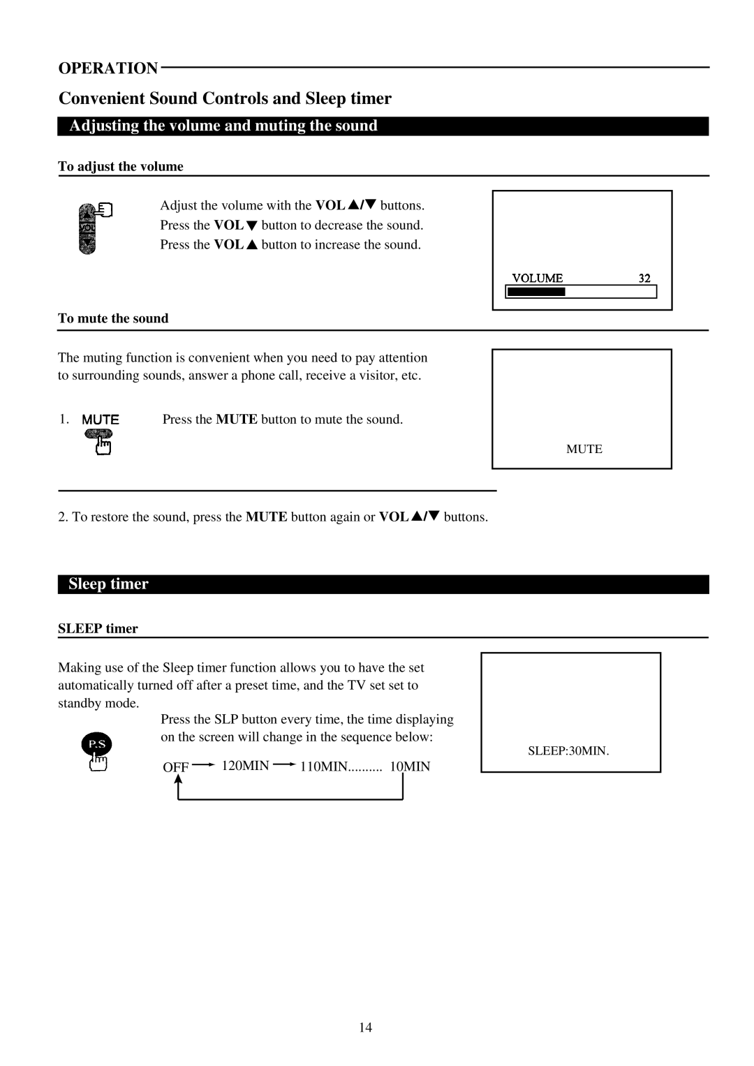 Palsonic 6823G owner manual Convenient Sound Controls and Sleep timer, Adjusting the volume and muting the sound 