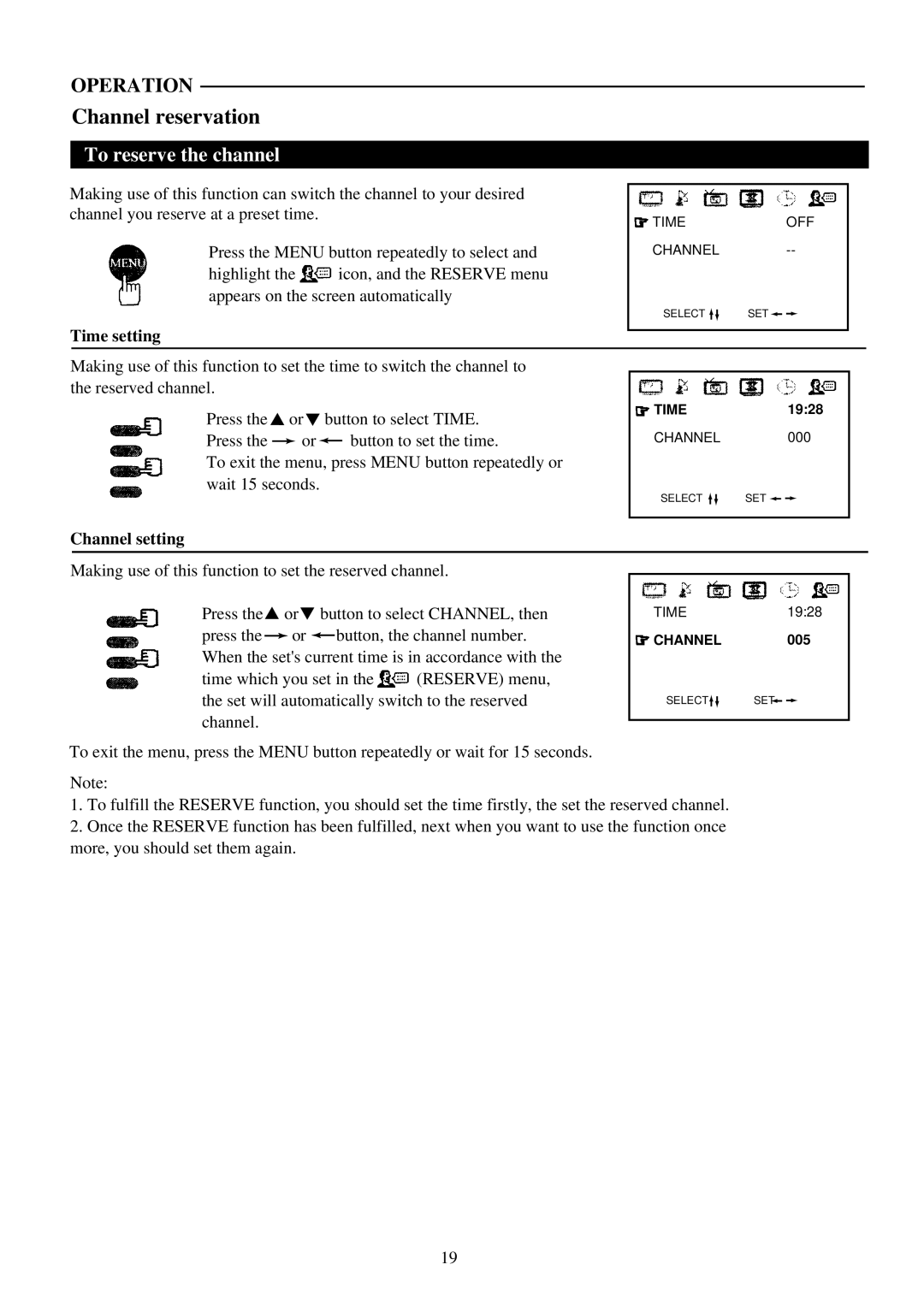 Palsonic 6823G owner manual Channel reservation, To reserve the channel, Time setting, Channel setting 