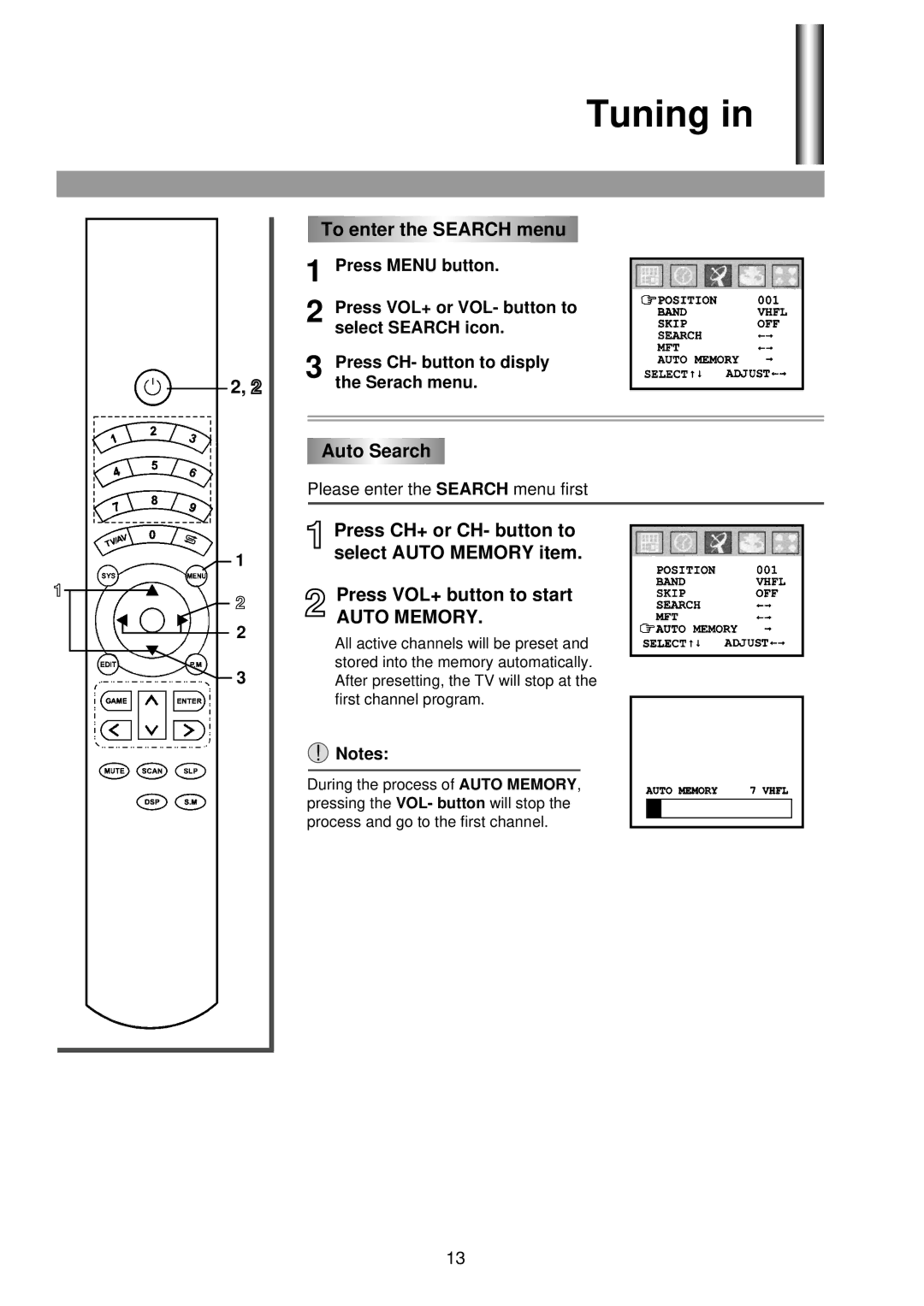 Palsonic 6825G owner manual Tuning, To enter the Search menu, Auto Search 