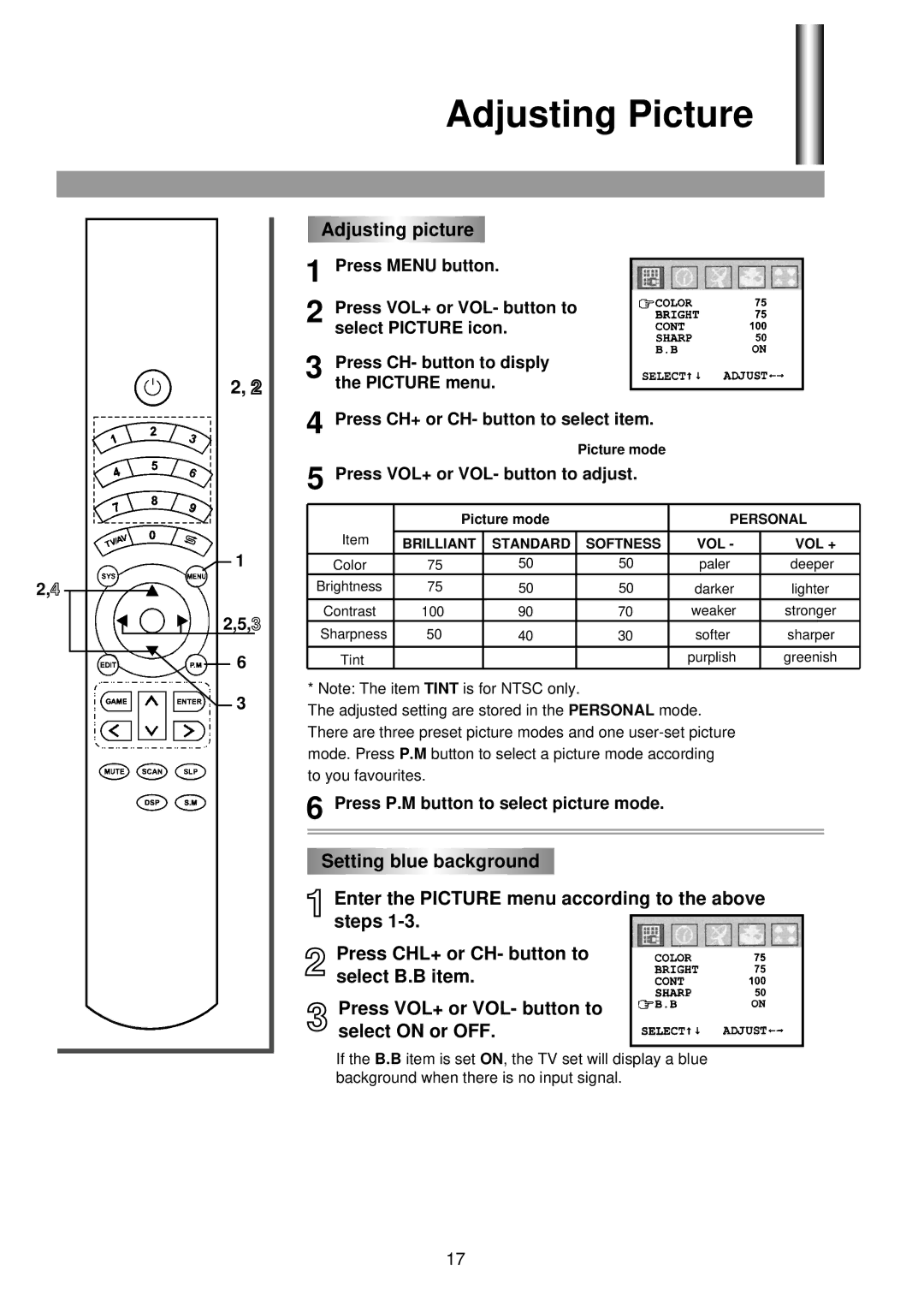 Palsonic 6825G owner manual Adjusting Picture, Press VOL+ or VOL- button to adjust, Press P.M button to select picture mode 