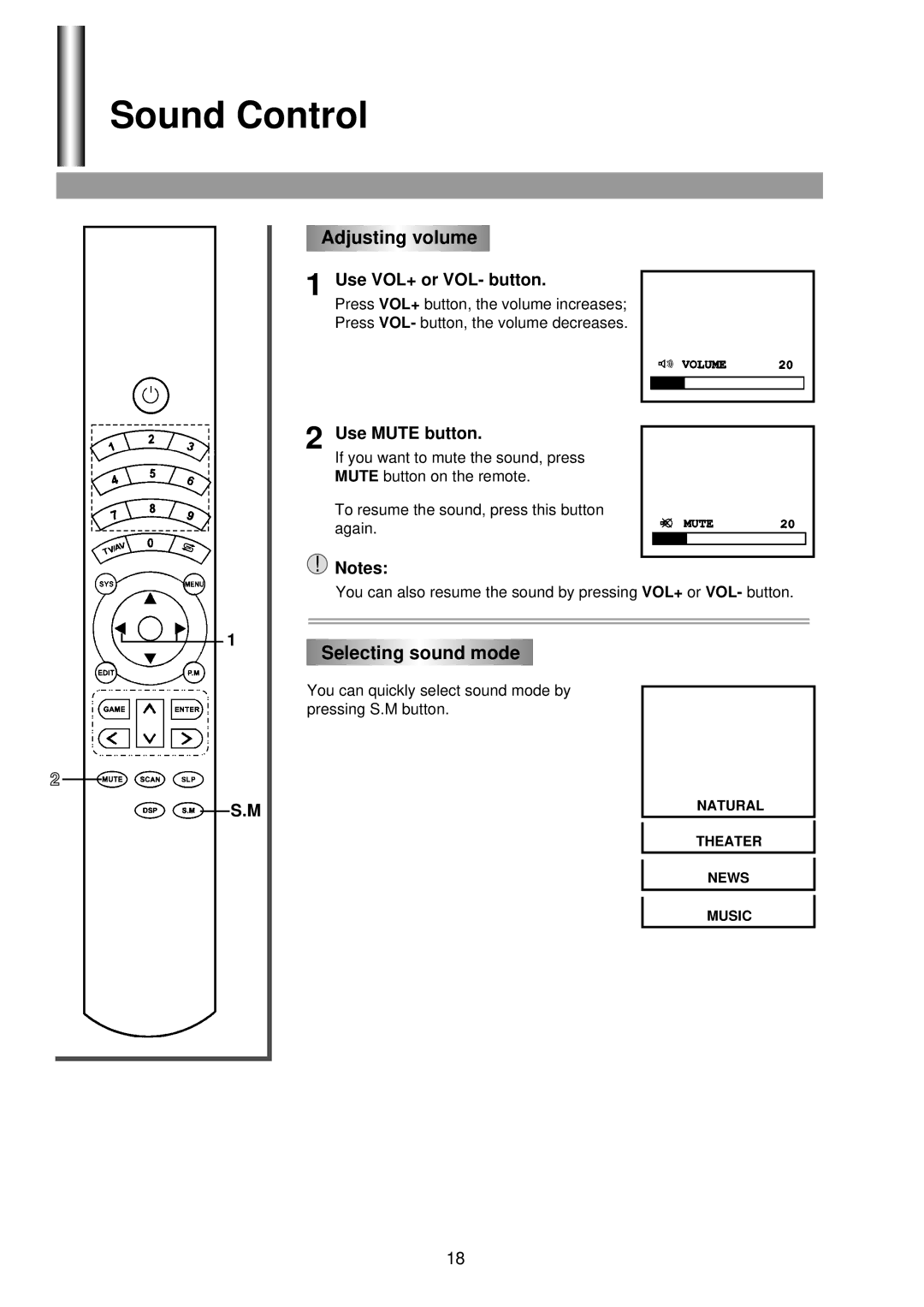 Palsonic 6825G owner manual Sound Control, Adjusting volume, Selecting sound mode, Use VOL+ or VOL- button, Use Mute button 