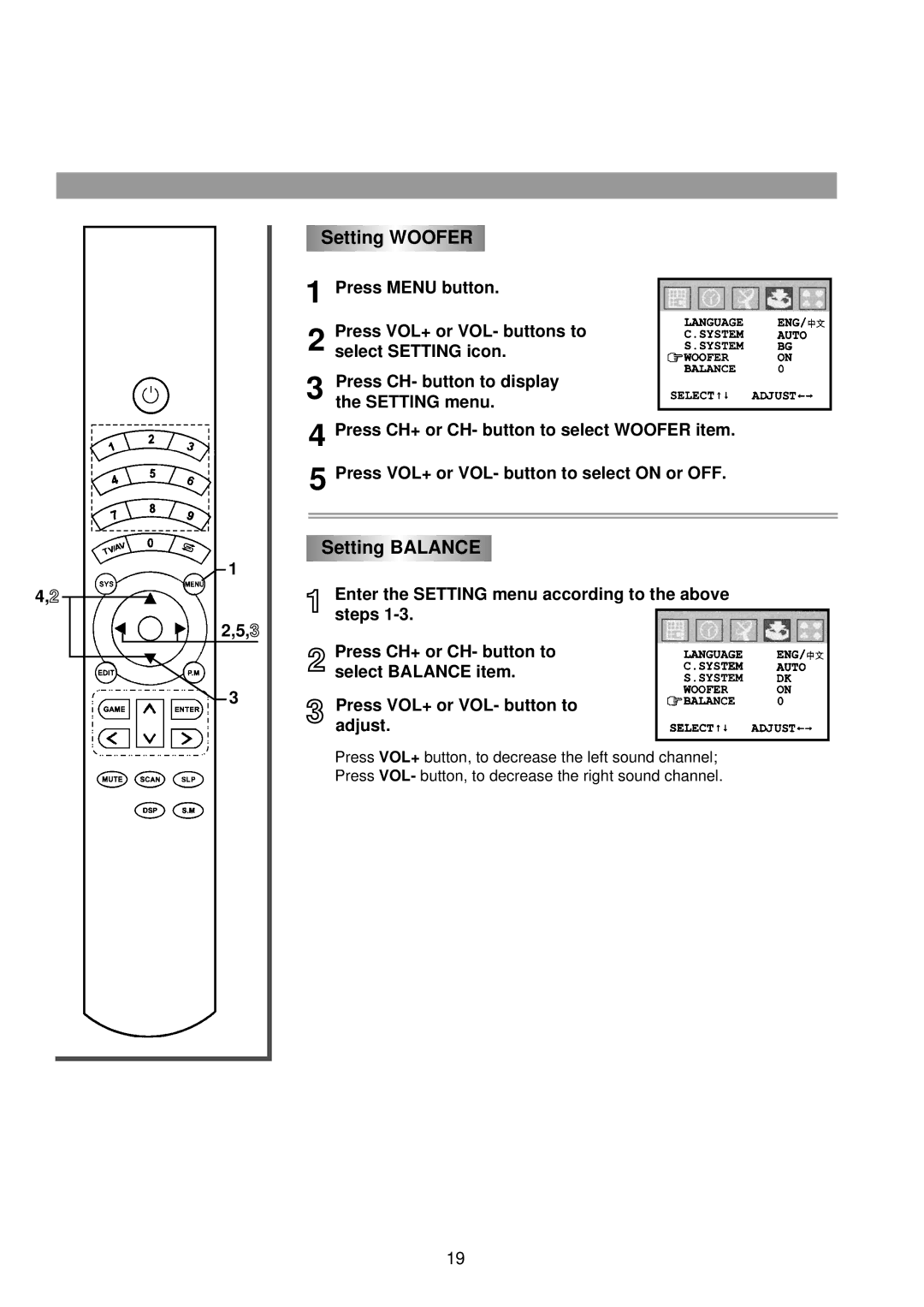 Palsonic 6825G owner manual Setting Woofer, Setting Balance 