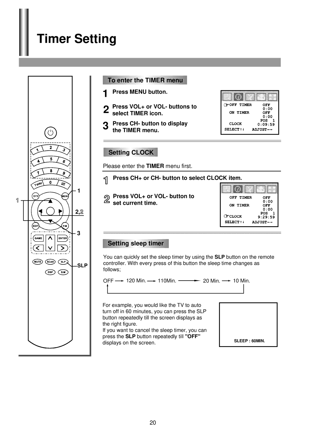 Palsonic 6825G owner manual Timer Setting, To enter the Timer menu, Setting Clock, Setting sleep timer 