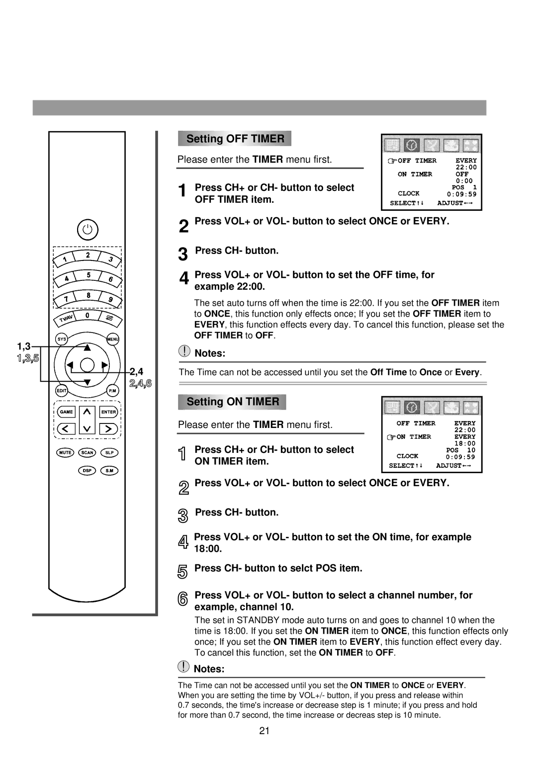 Palsonic 6825G owner manual Setting OFF Timer, Setting on Timer 